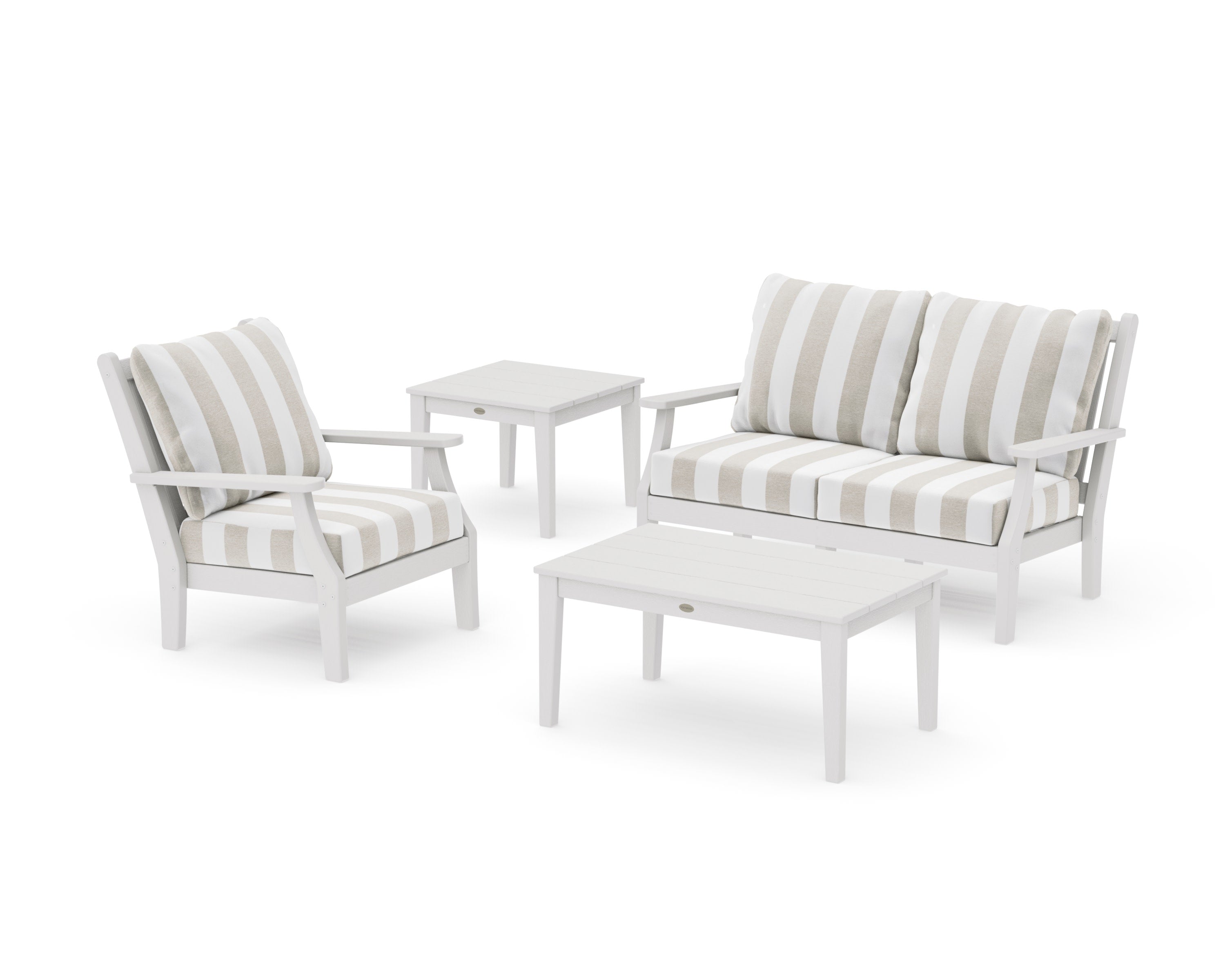 Wovendale 4-Piece Deep Seating Set in Vintage White / Cabana Stripe Dune Burlap
