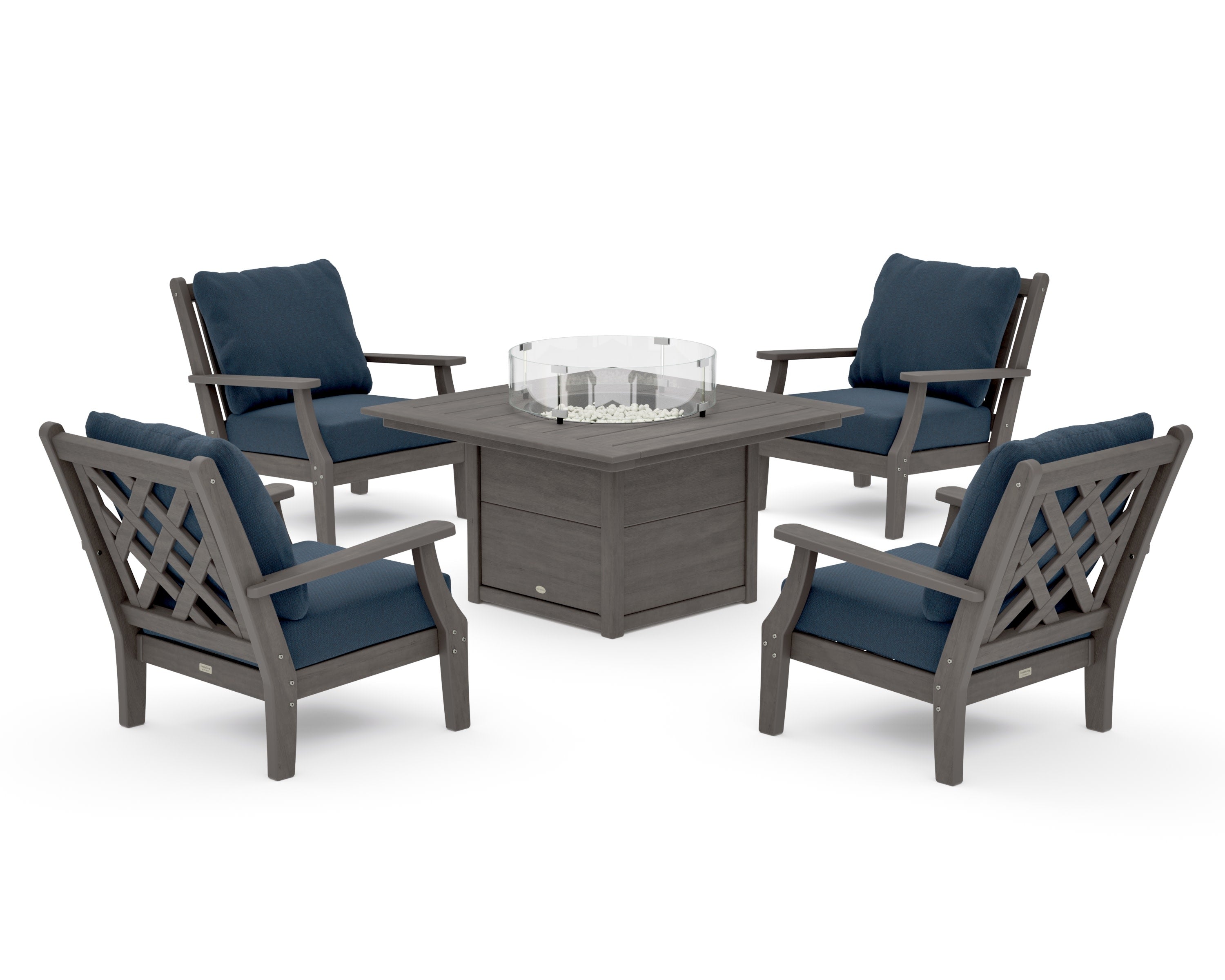 Wovendale 5-Piece Deep Seating Set with Fire Pit Table in Driftwood / Marine Indigo