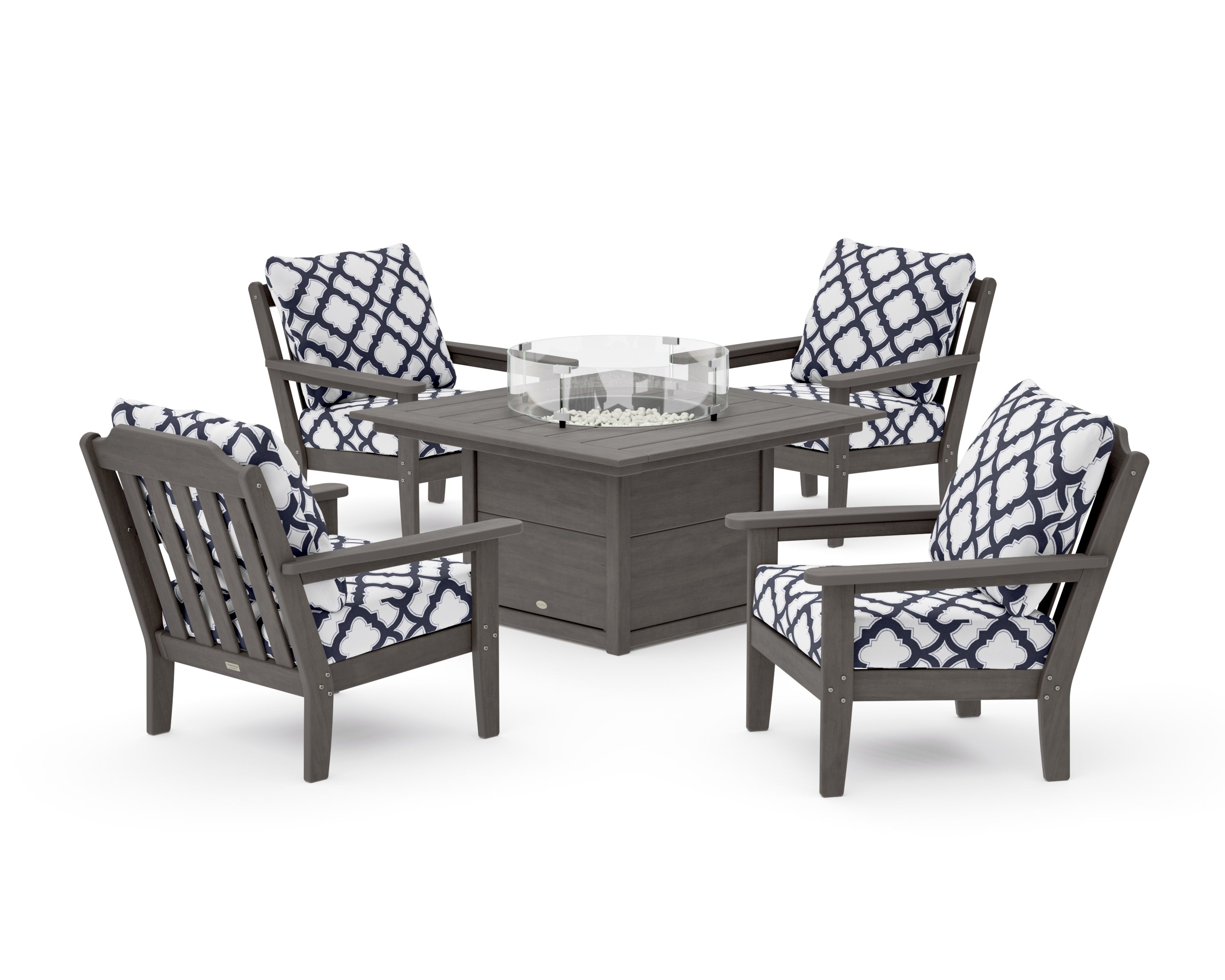 Cottage 5-Piece Deep Seating Set with Fire Pit Table in Driftwood / Trellis Navy