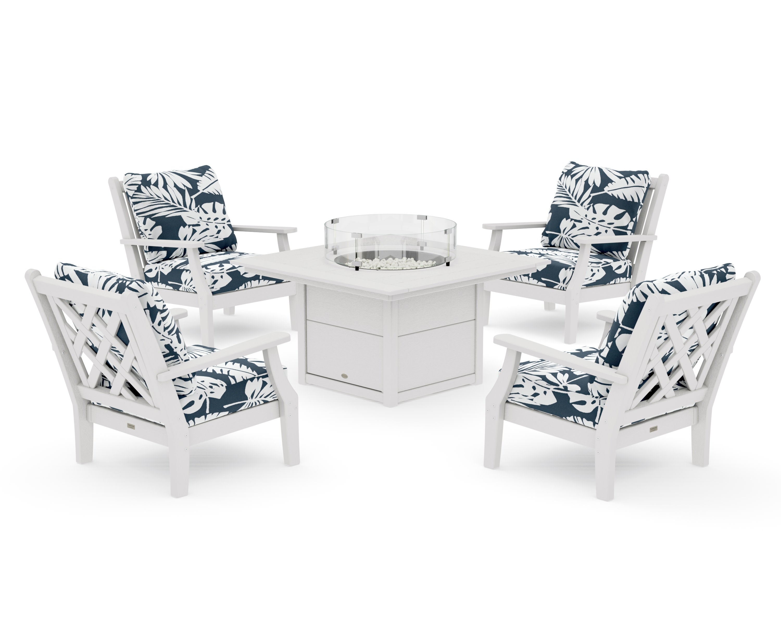 Wovendale 5-Piece Deep Seating Set with Fire Pit Table in Vintage White / Leaf Marine Indigo