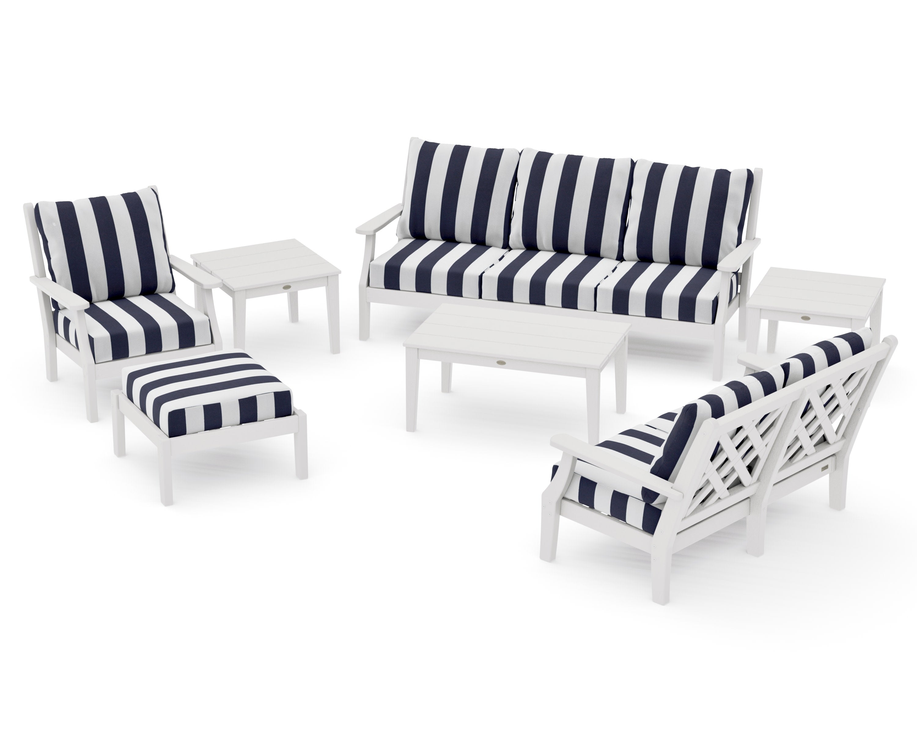 Wovendale 7-Piece Deep Seating Set in Vintage White / Cabana Stripe Navy