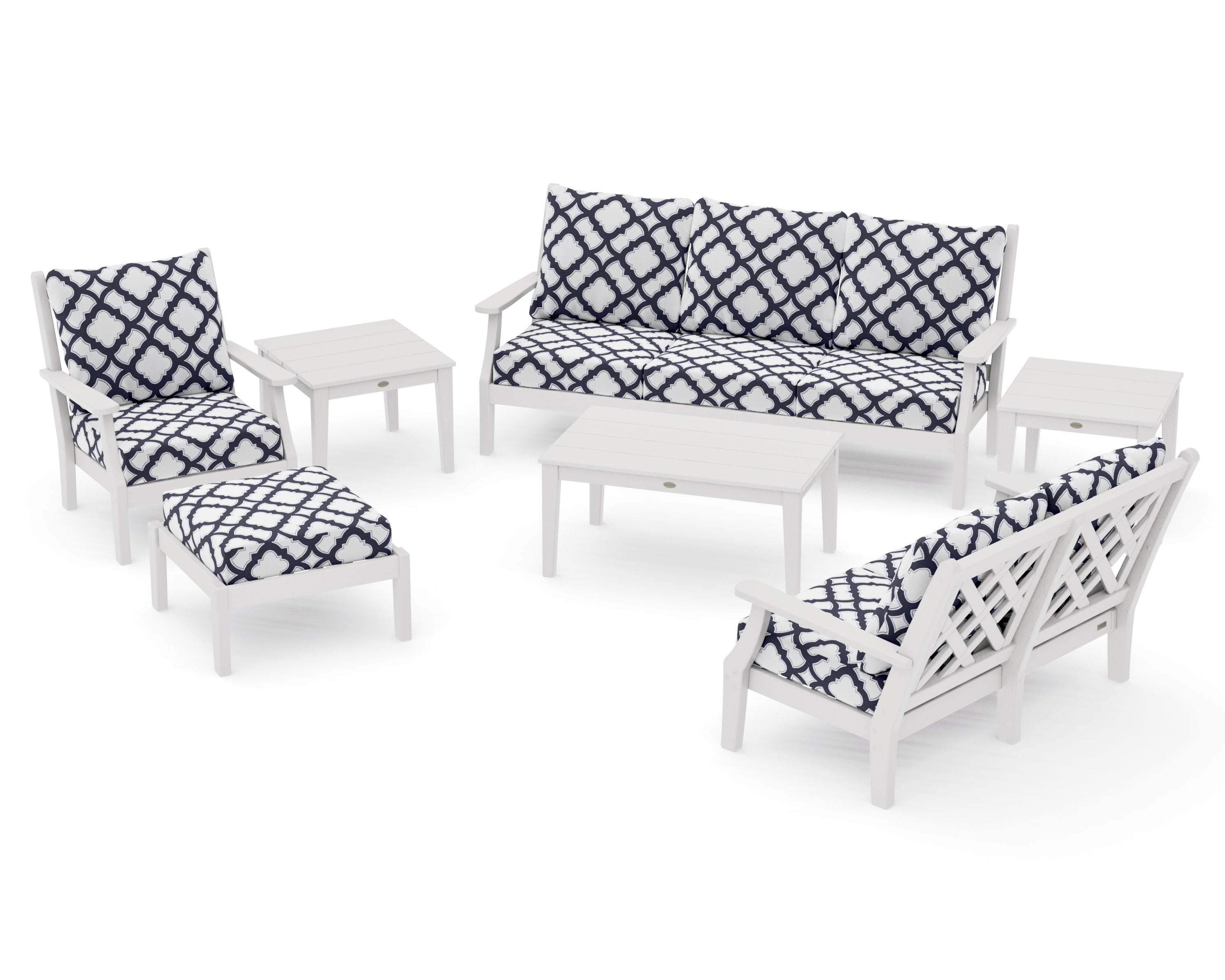 Wovendale 7-Piece Deep Seating Set in Vintage White / Trellis Navy