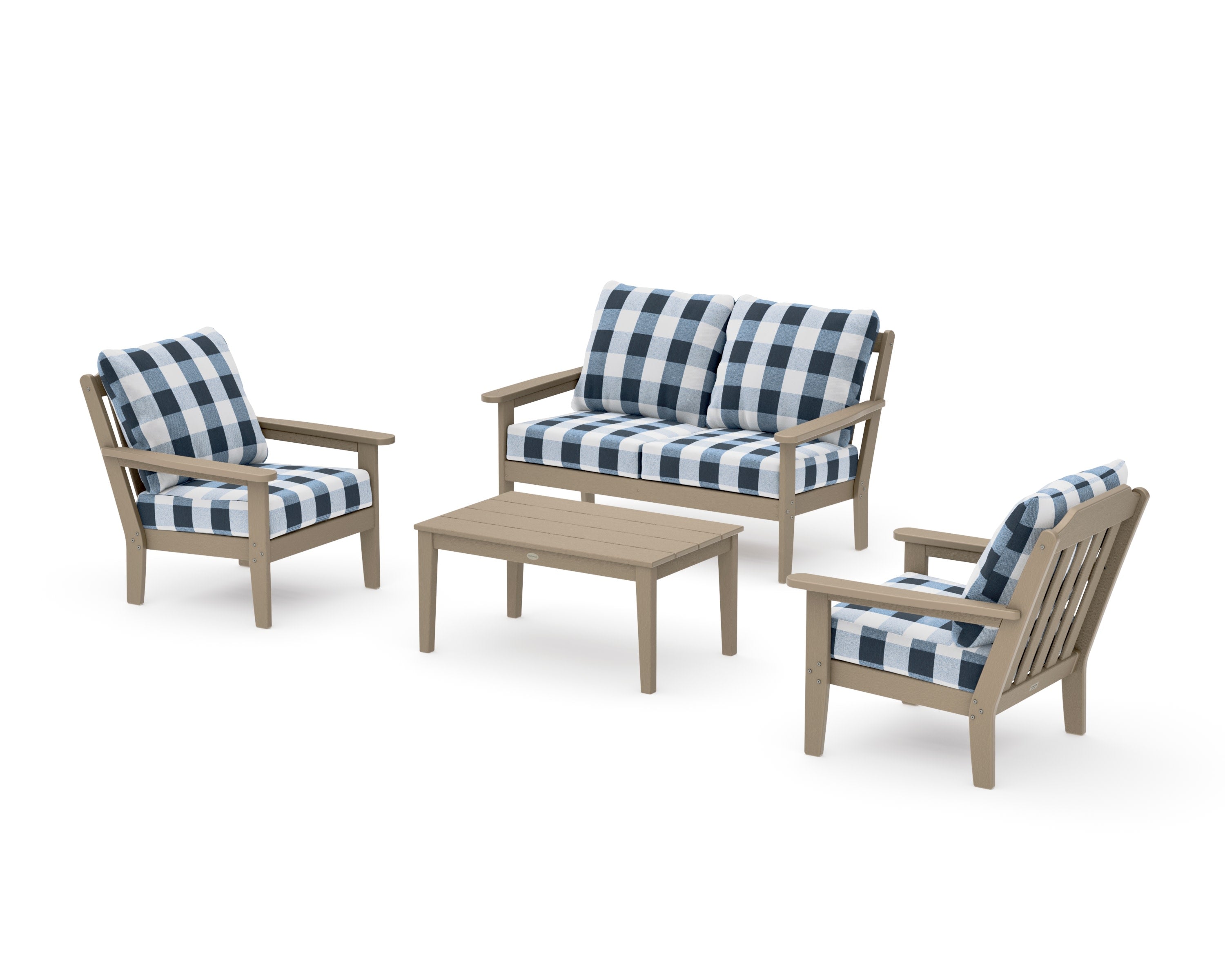 Cottage 4-Piece Deep Seating Set with Loveseat in Vintage Sahara / Buffalo Plaid Marine Indigo