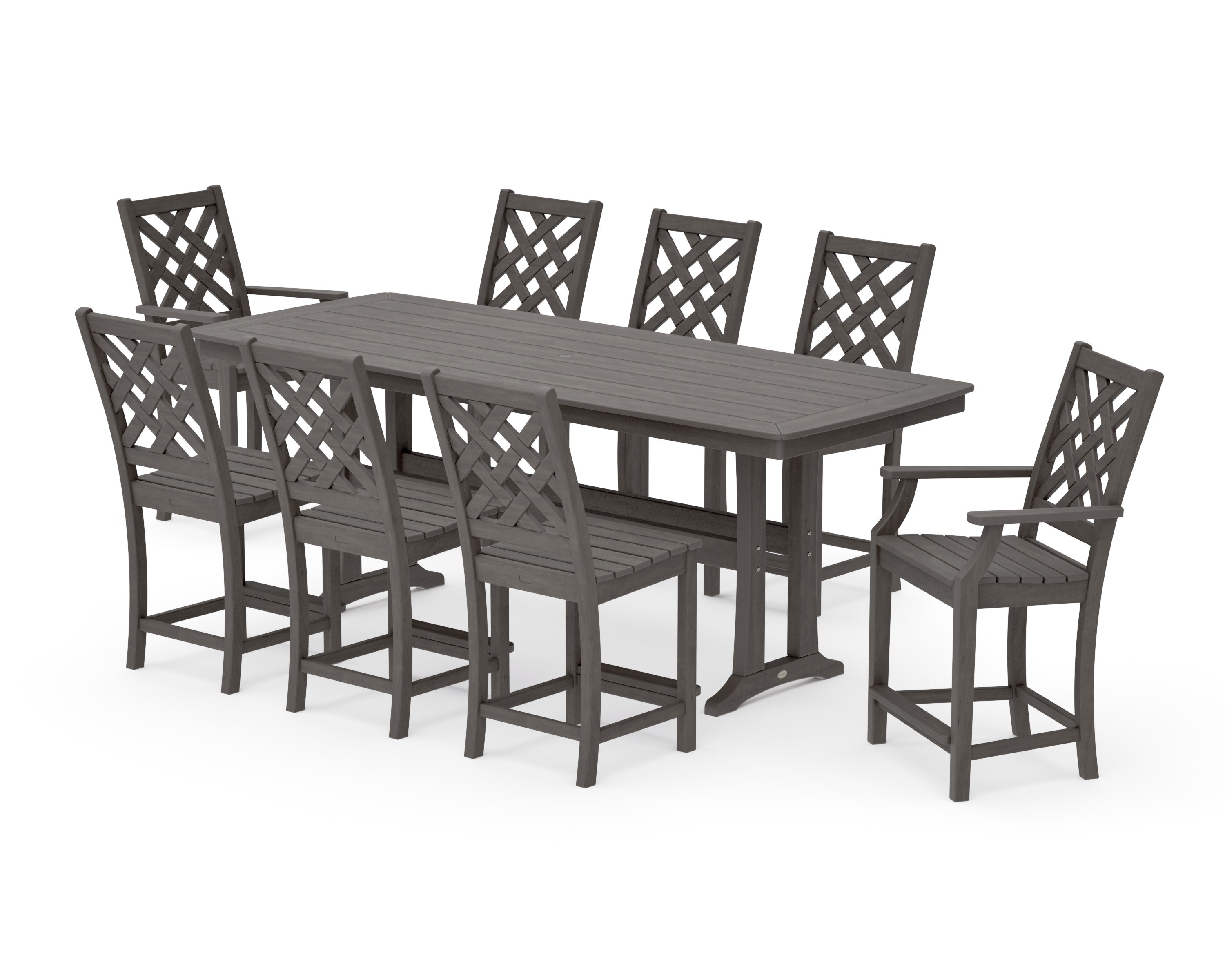 Wovendale 9-Piece Counter Set with Trestle Legs in Driftwood