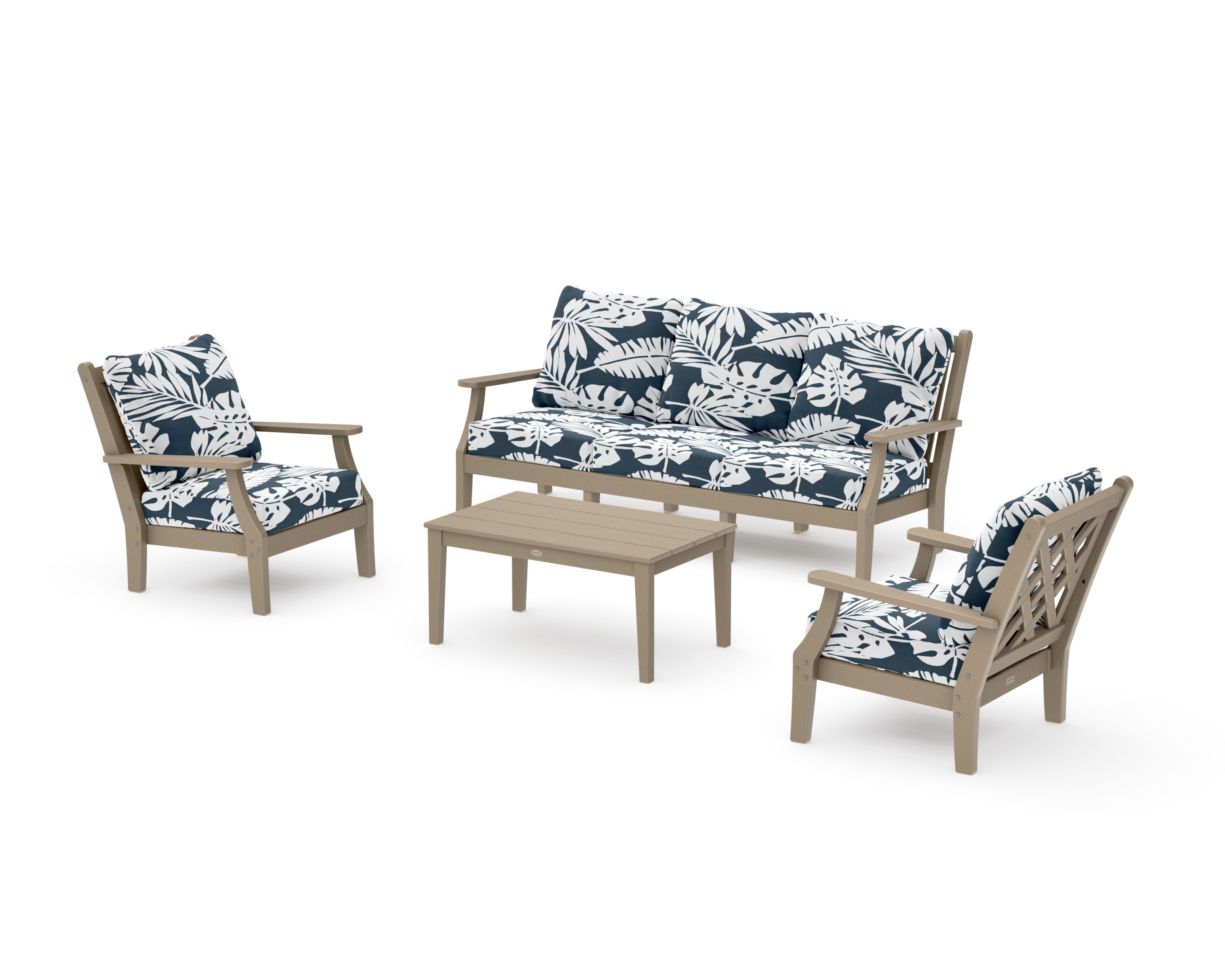 Wovendale 4-Piece Deep Seating Set with Sofa in Vintage Sahara / Leaf Marine Indigo