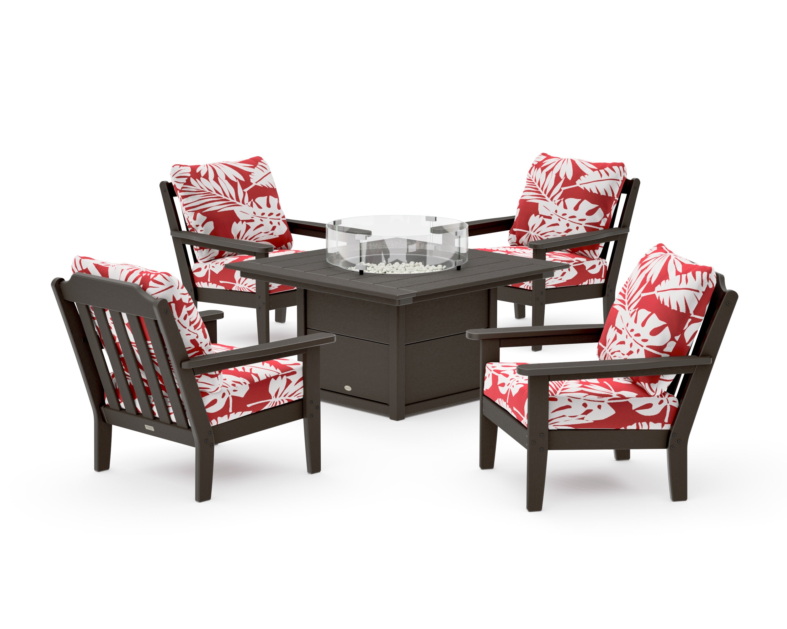 Cottage 5-Piece Deep Seating Set with Fire Pit Table in Vintage Coffee / Leaf Crimson