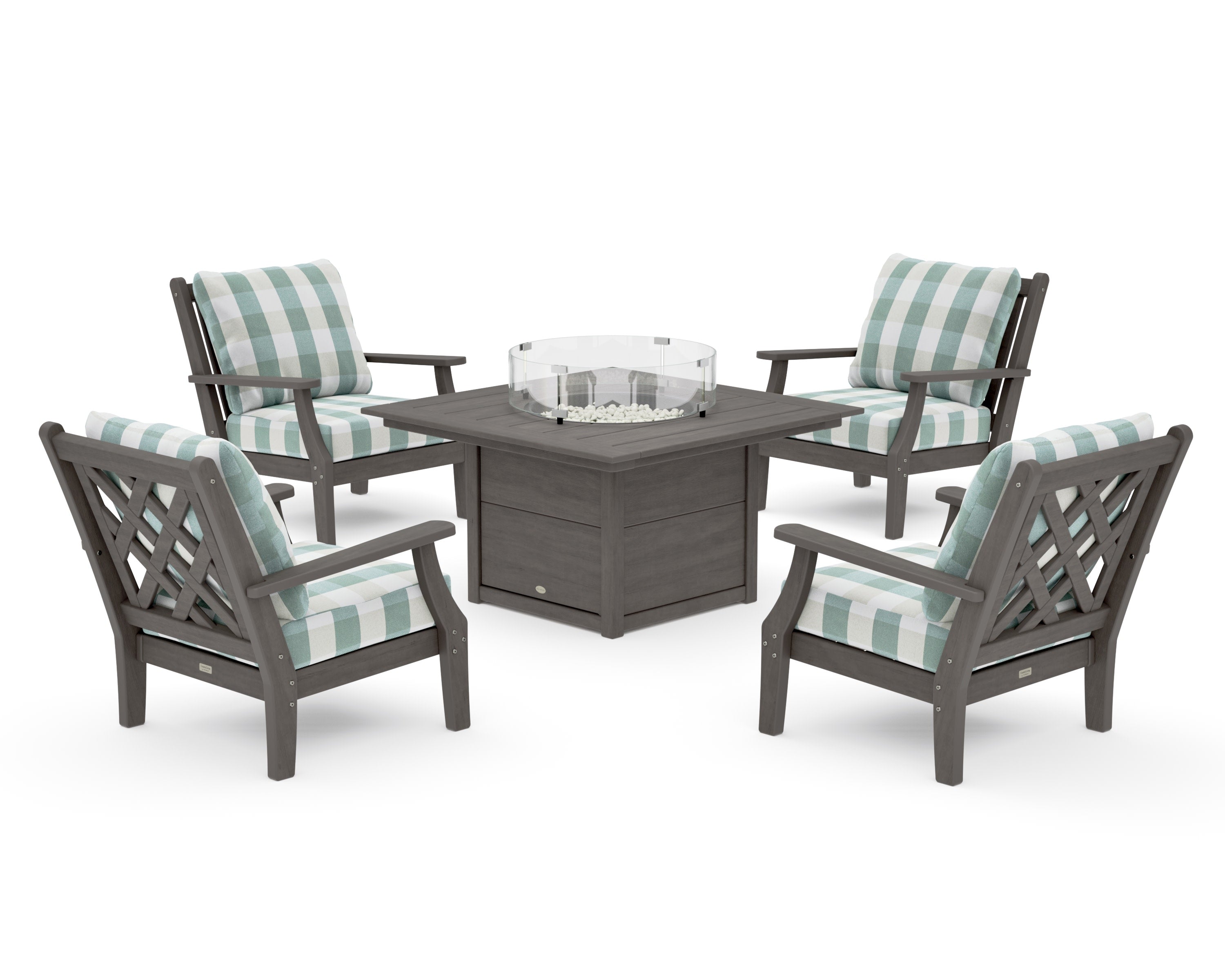 Wovendale 5-Piece Deep Seating Set with Fire Pit Table in Driftwood / Buffalo Plaid Glacier Spa