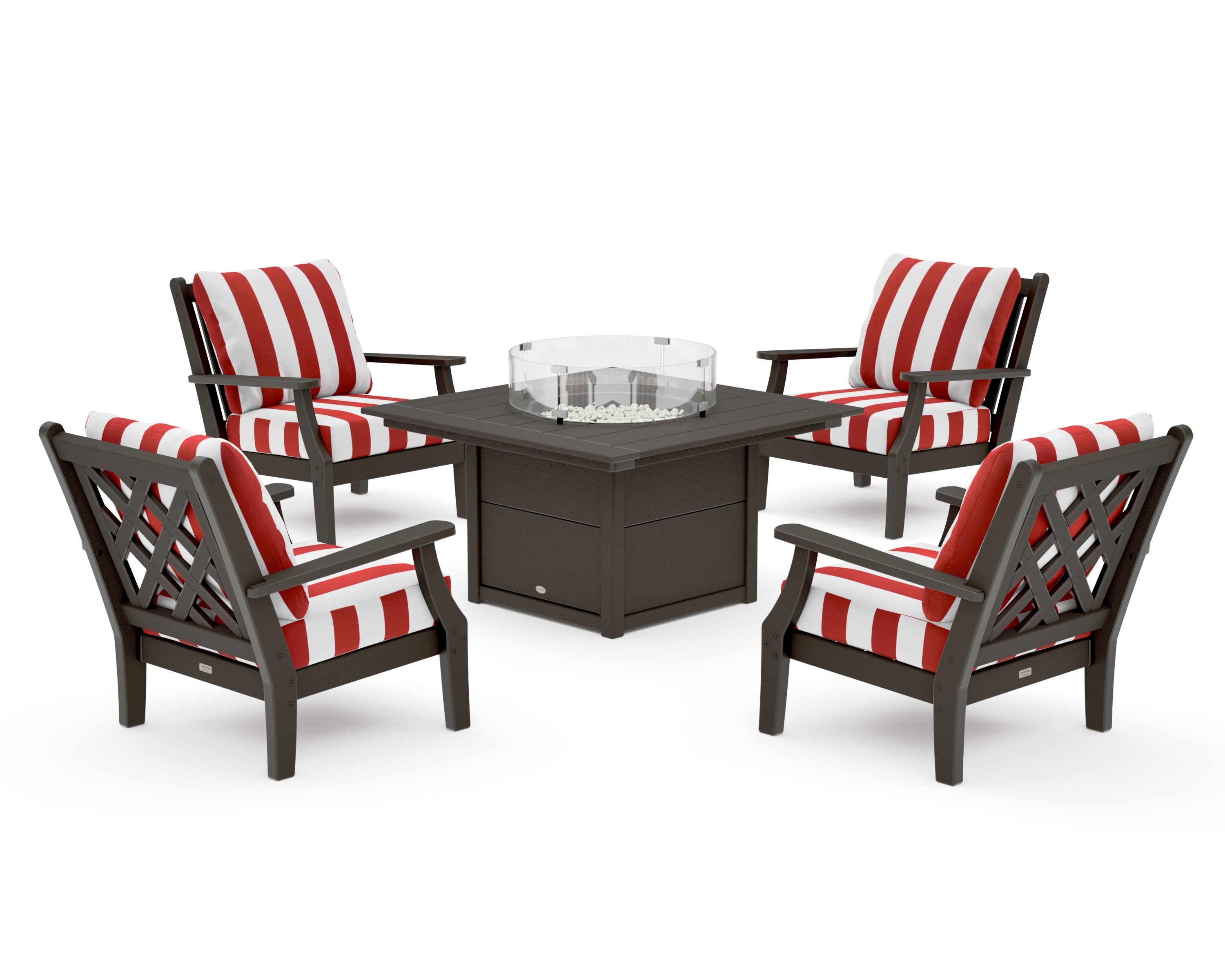 Wovendale 5-Piece Deep Seating Set with Fire Pit Table in Vintage Coffee / Cabana Stripe Crimson