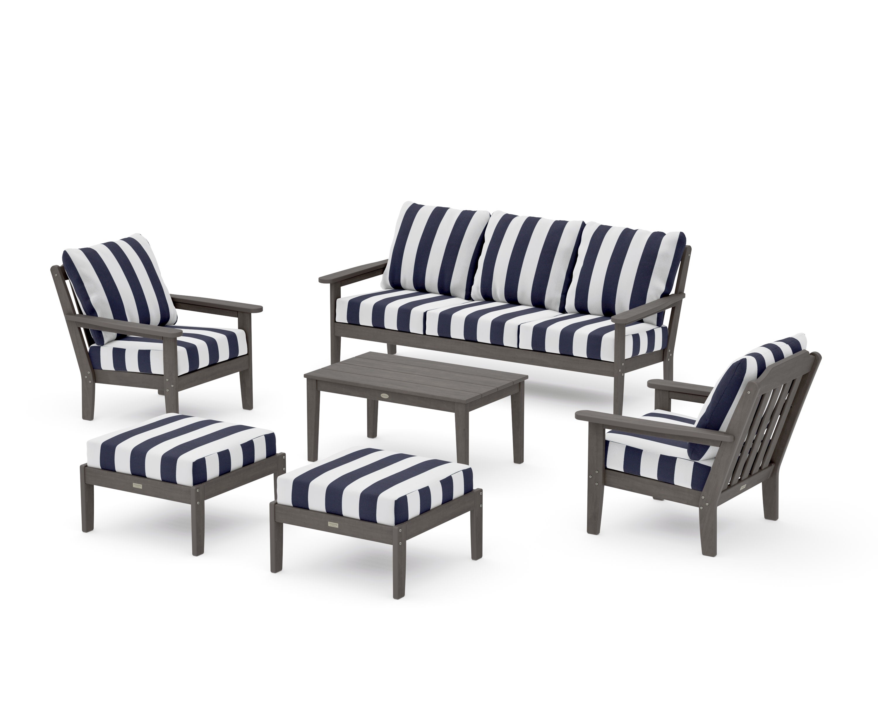 Cottage 6-Piece Lounge Sofa Set in Driftwood / Cabana Stripe Navy