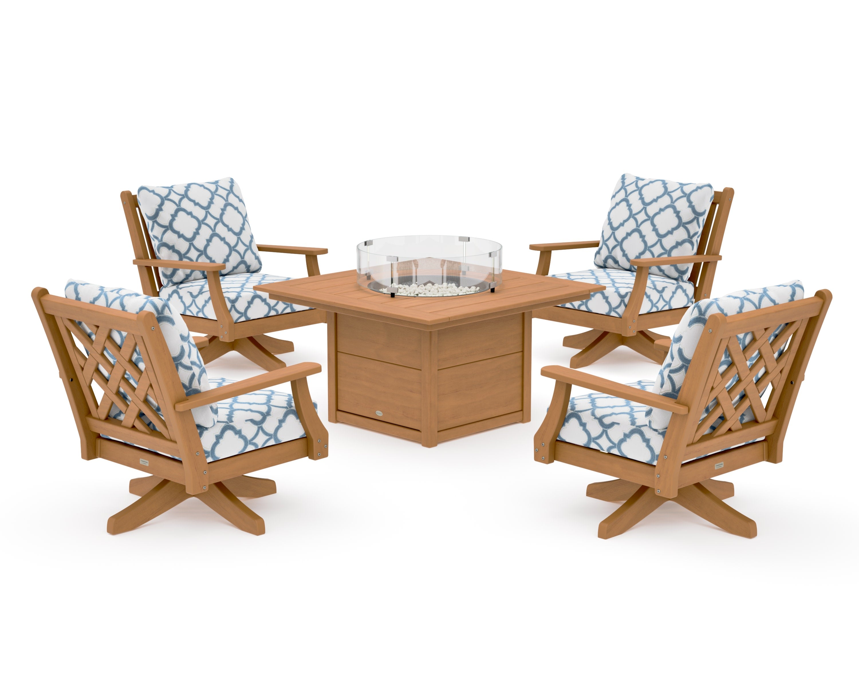 Wovendale 5-Piece Deep Seating Swivel Conversation Set with Fire Pit Table in Natural / Trellis Sky Blue