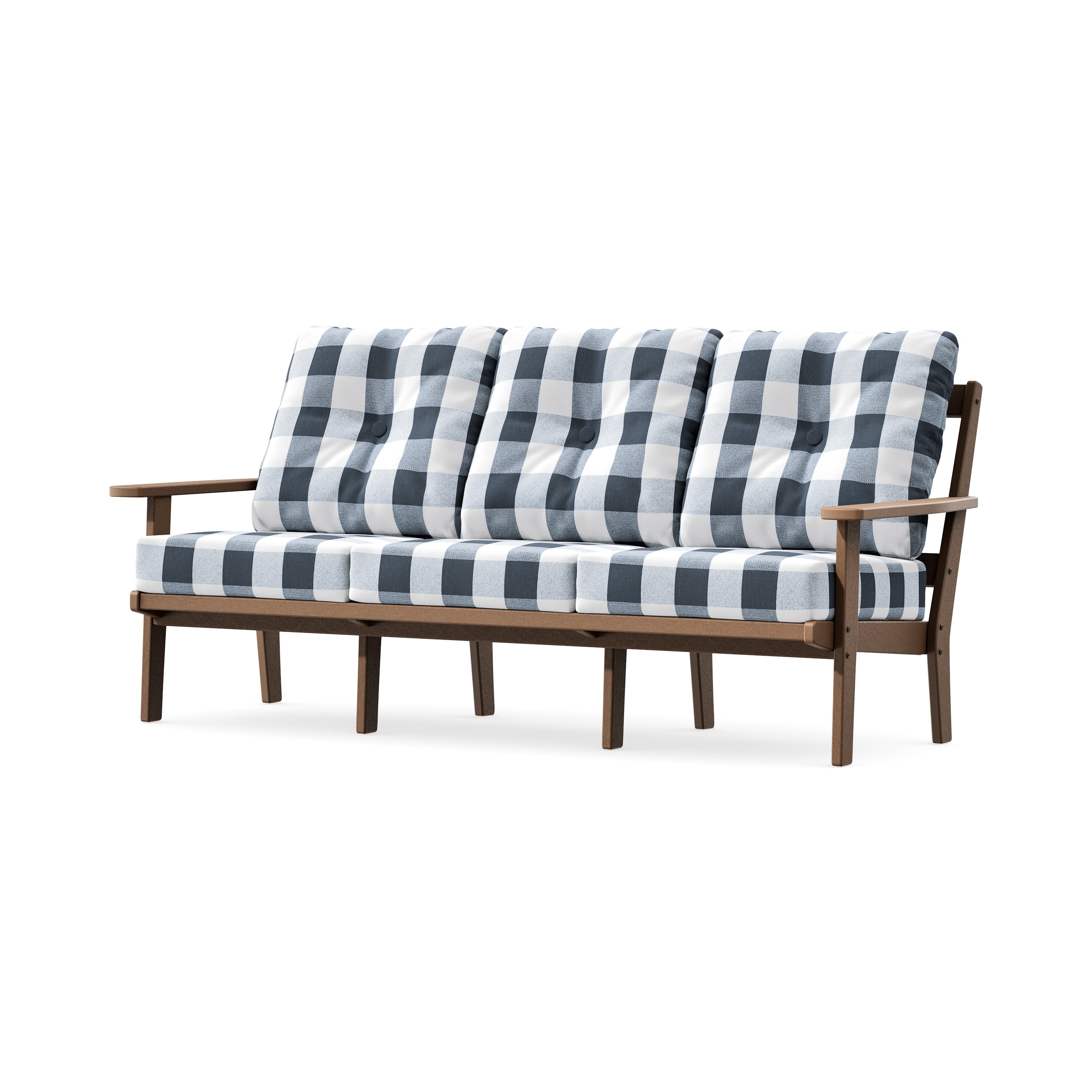 PrairieDeep Seating Sofa in Teak / Buffalo Plaid Marine Indigo