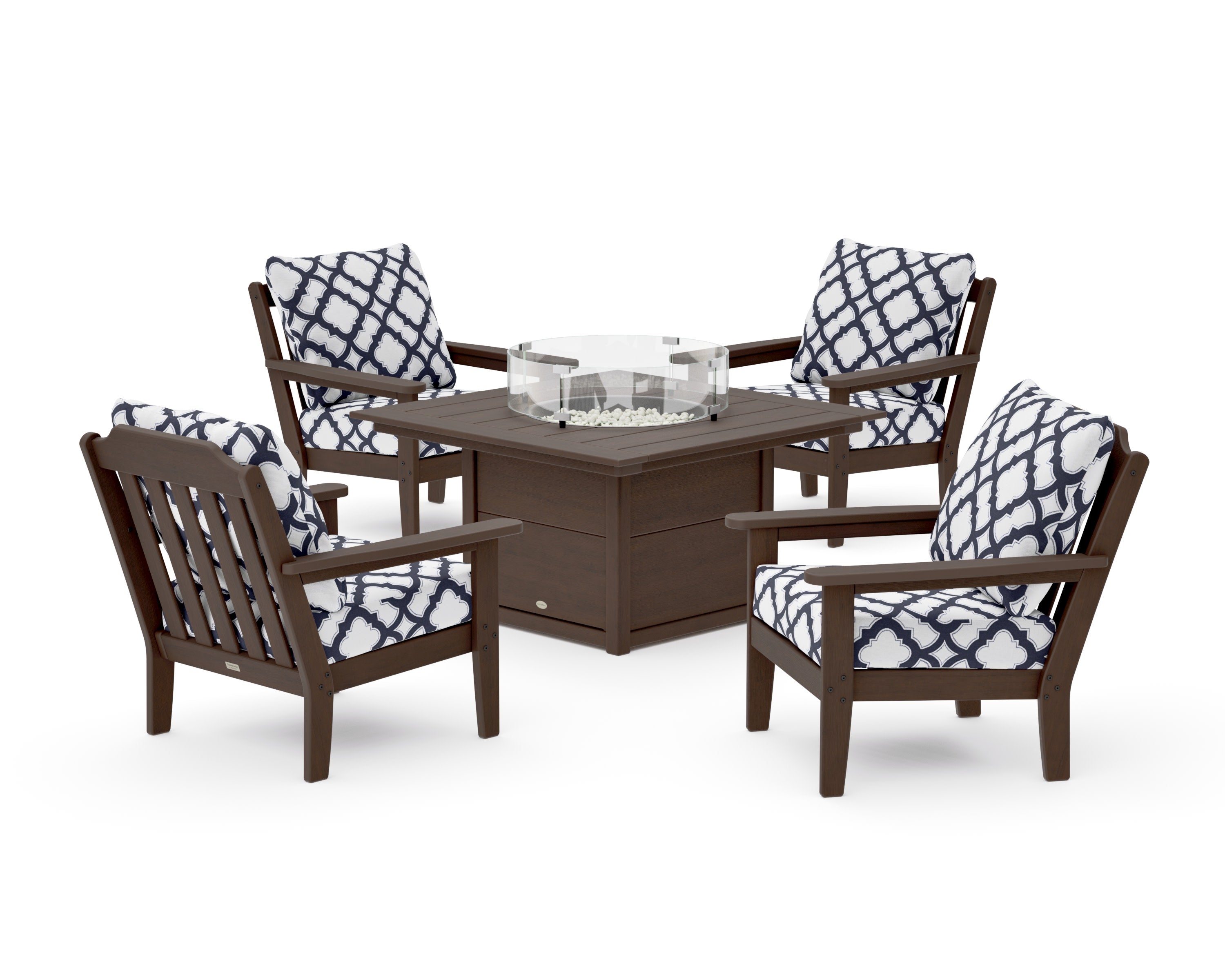 Cottage 5-Piece Deep Seating Set with Fire Pit Table in Kona / Trellis Navy