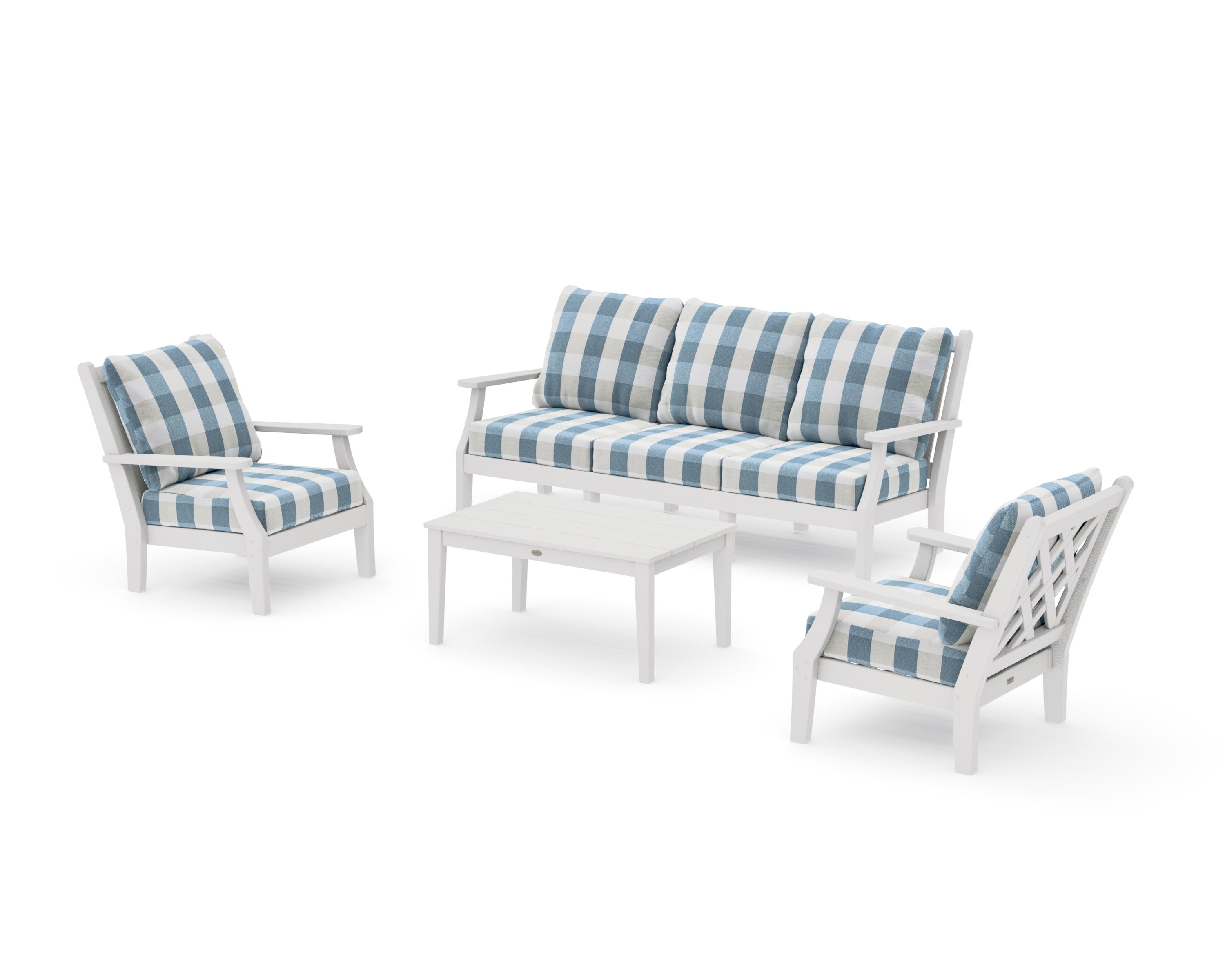 Wovendale 4-Piece Deep Seating Set with Sofa in Vintage White / Buffalo Plaid Sky Blue
