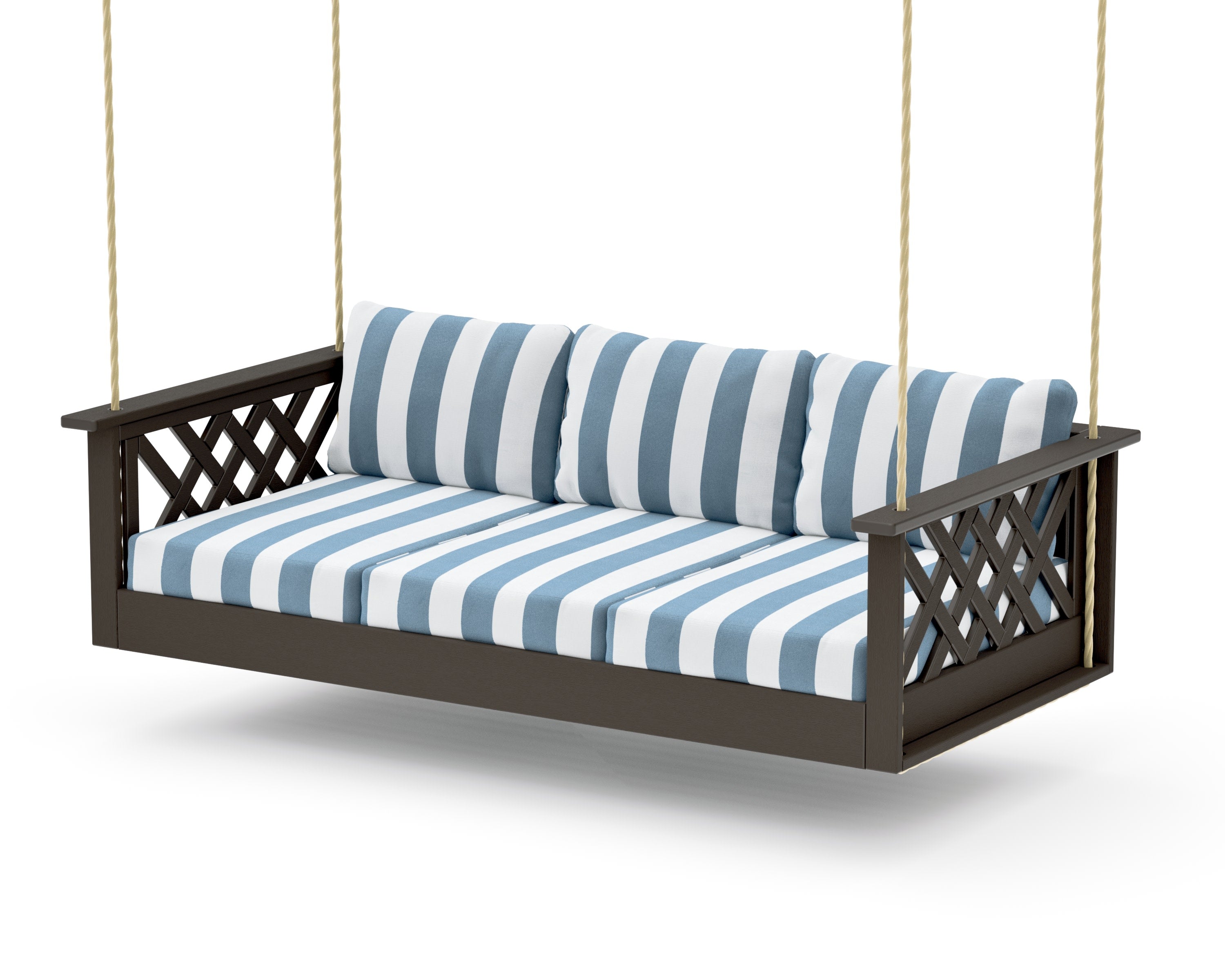 Wovendale Daybed Swing in Vintage Coffee / Cabana Stripe Sky Blue