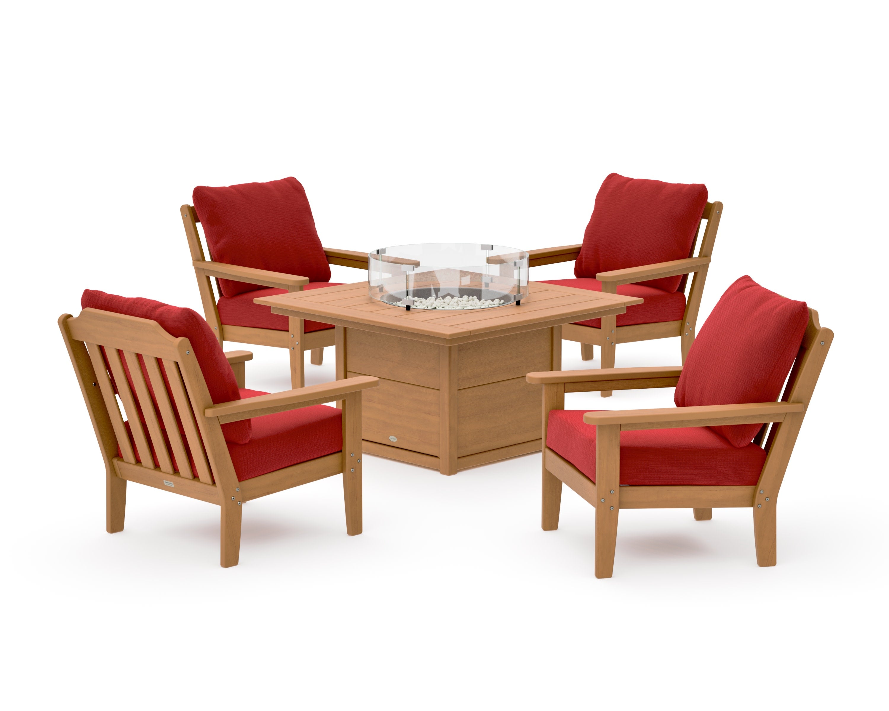 Cottage 5-Piece Deep Seating Set with Fire Pit Table in Natural / Crimson Linen