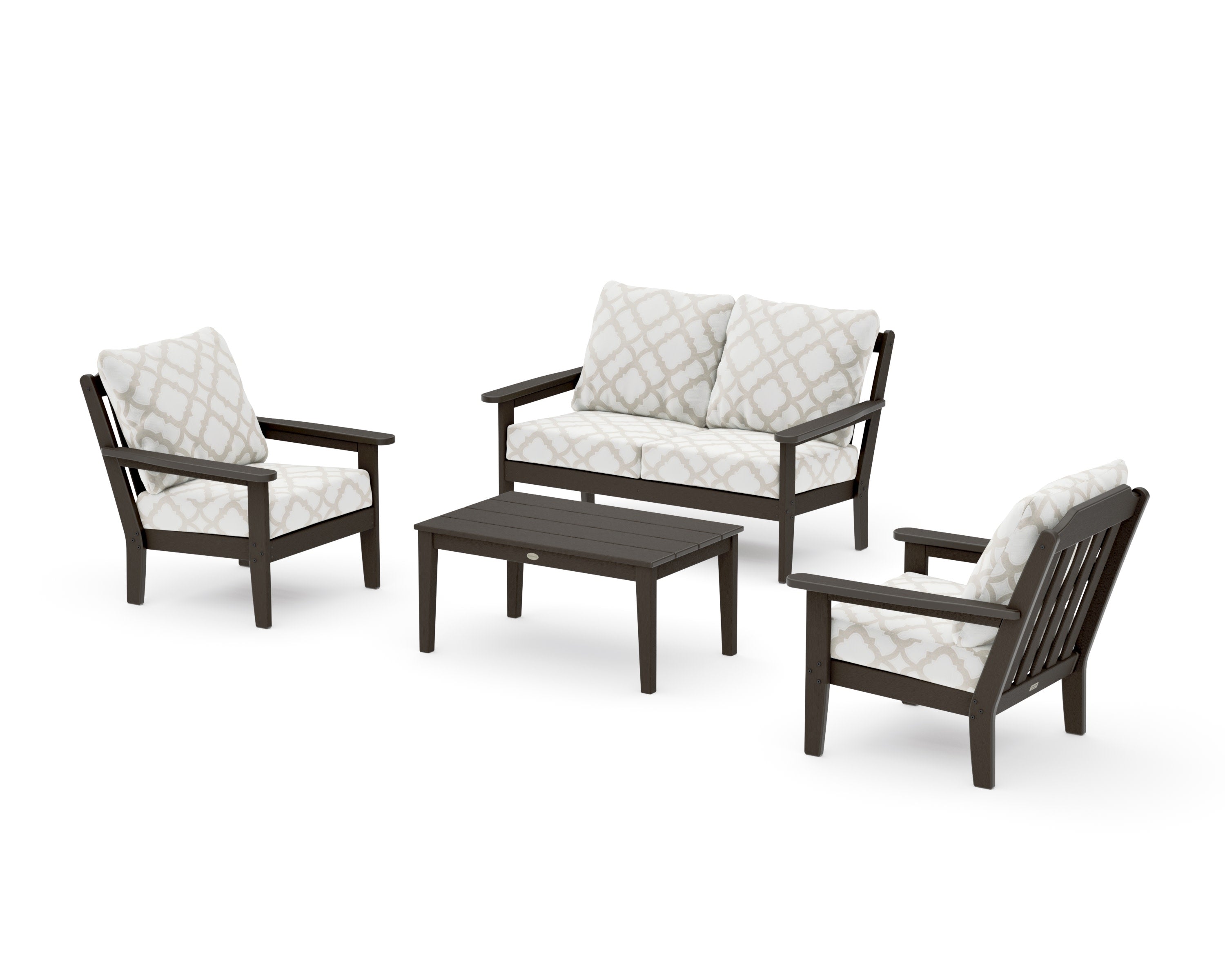 Cottage 4-Piece Deep Seating Set with Loveseat in Vintage Coffee / Trellis Dune Burlap