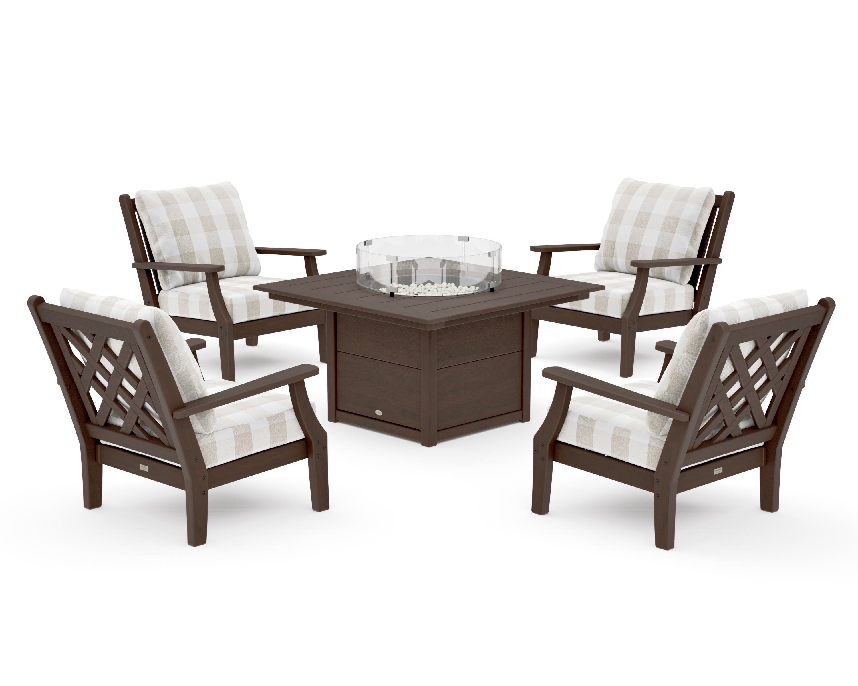 Wovendale 5-Piece Deep Seating Set with Fire Pit Table in Kona / Buffalo Plaid Dune Burlap