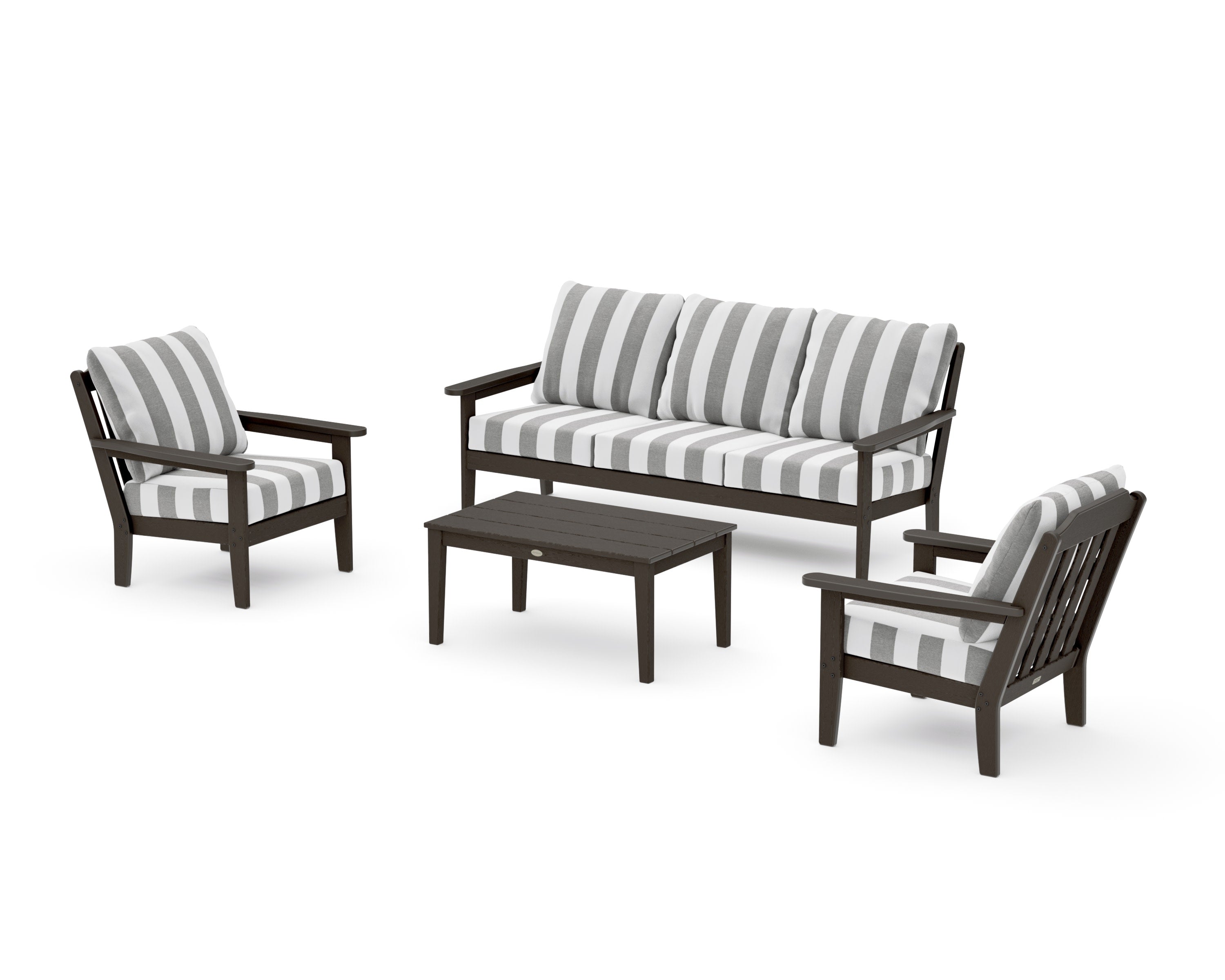 Cottage 4-Piece Deep Seating Set with Sofa in Vintage Coffee / Cabana Stripe Grey Mist
