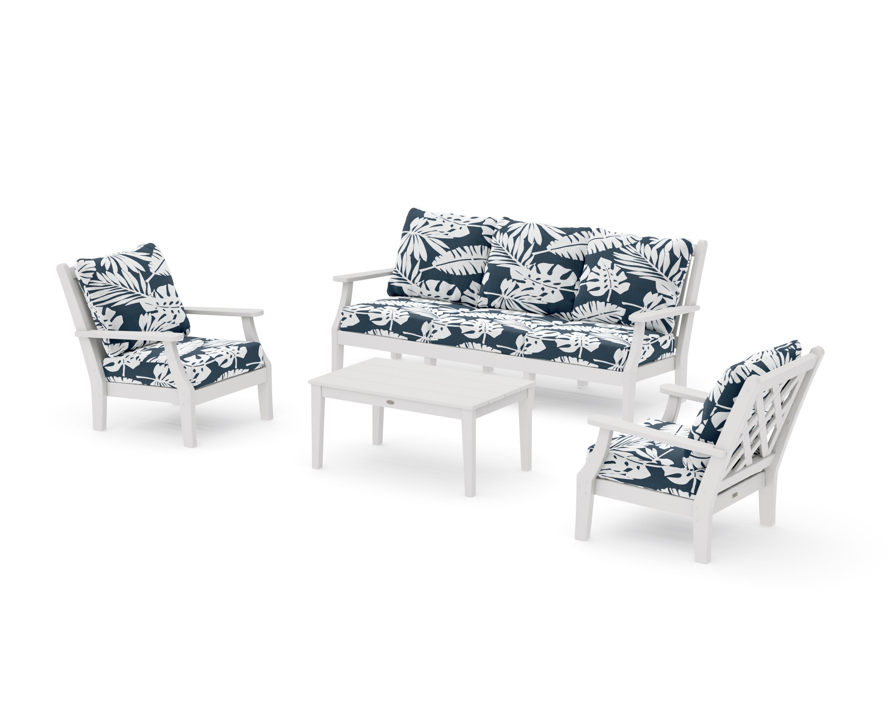 Wovendale 4-Piece Deep Seating Set with Sofa in Vintage White / Leaf Marine Indigo