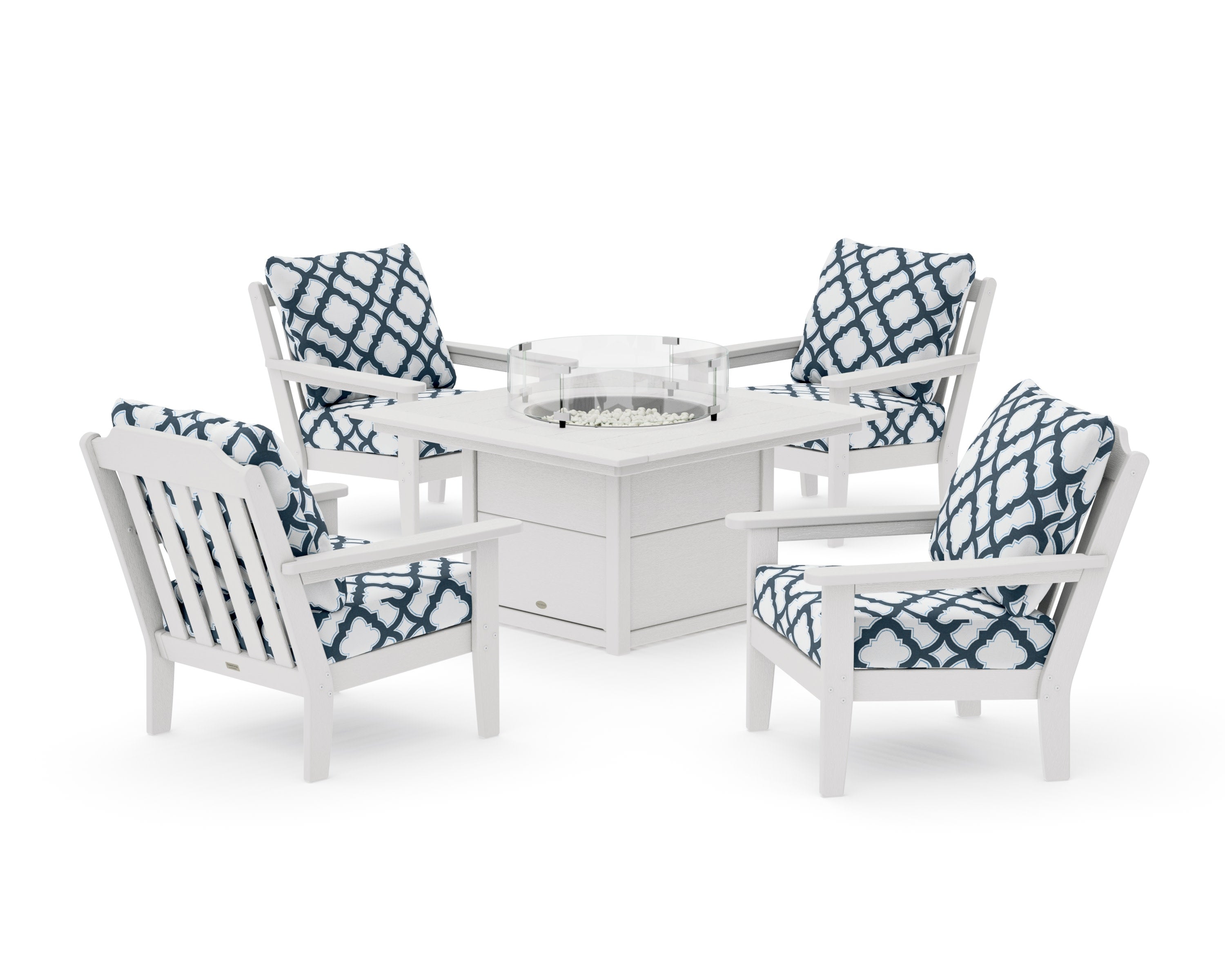 Cottage 5-Piece Deep Seating Set with Fire Pit Table in Vintage White / Trellis Marine Indigo