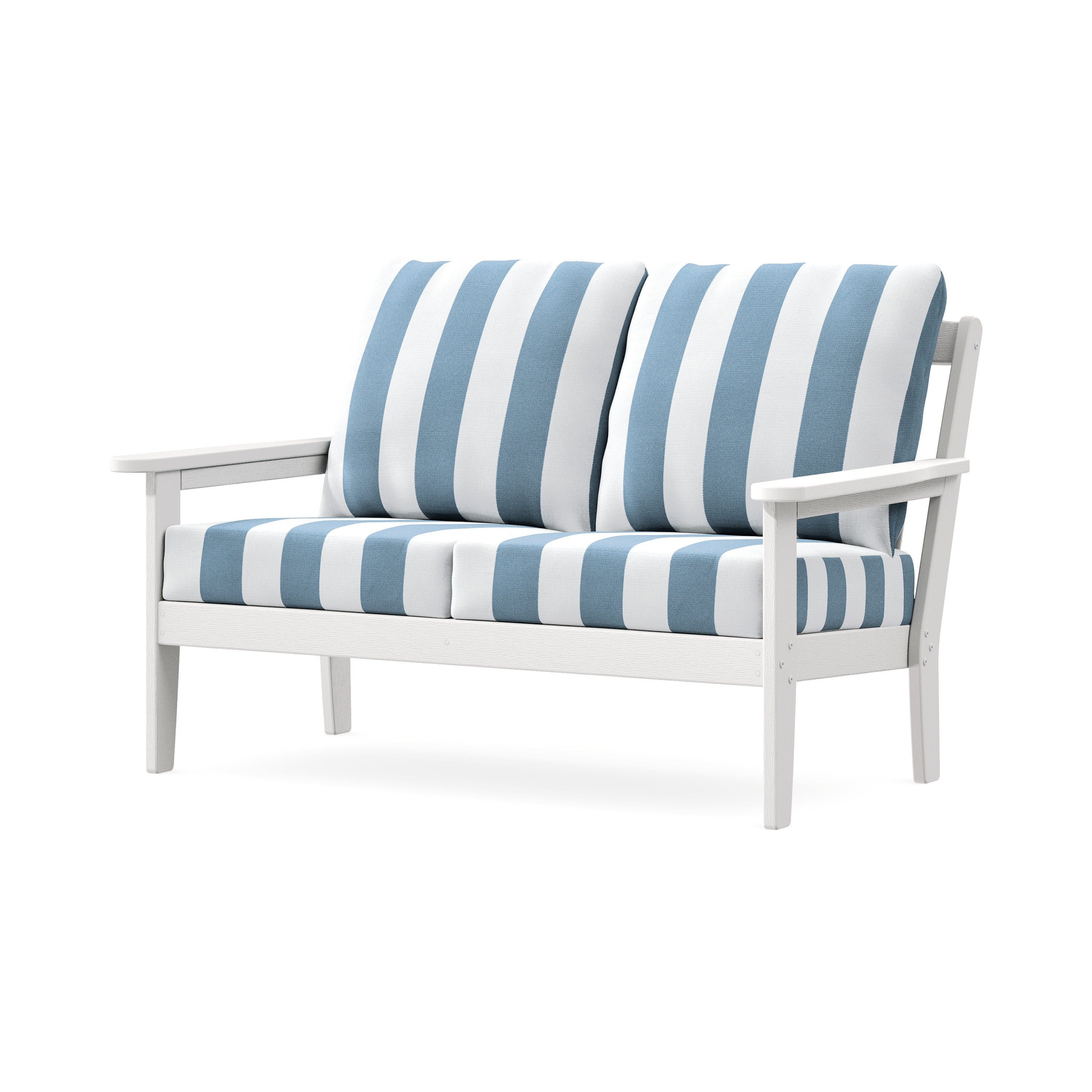 Cottage Deep Seating Loveseat in Vintage White / Cabana Stripe Sky Blue