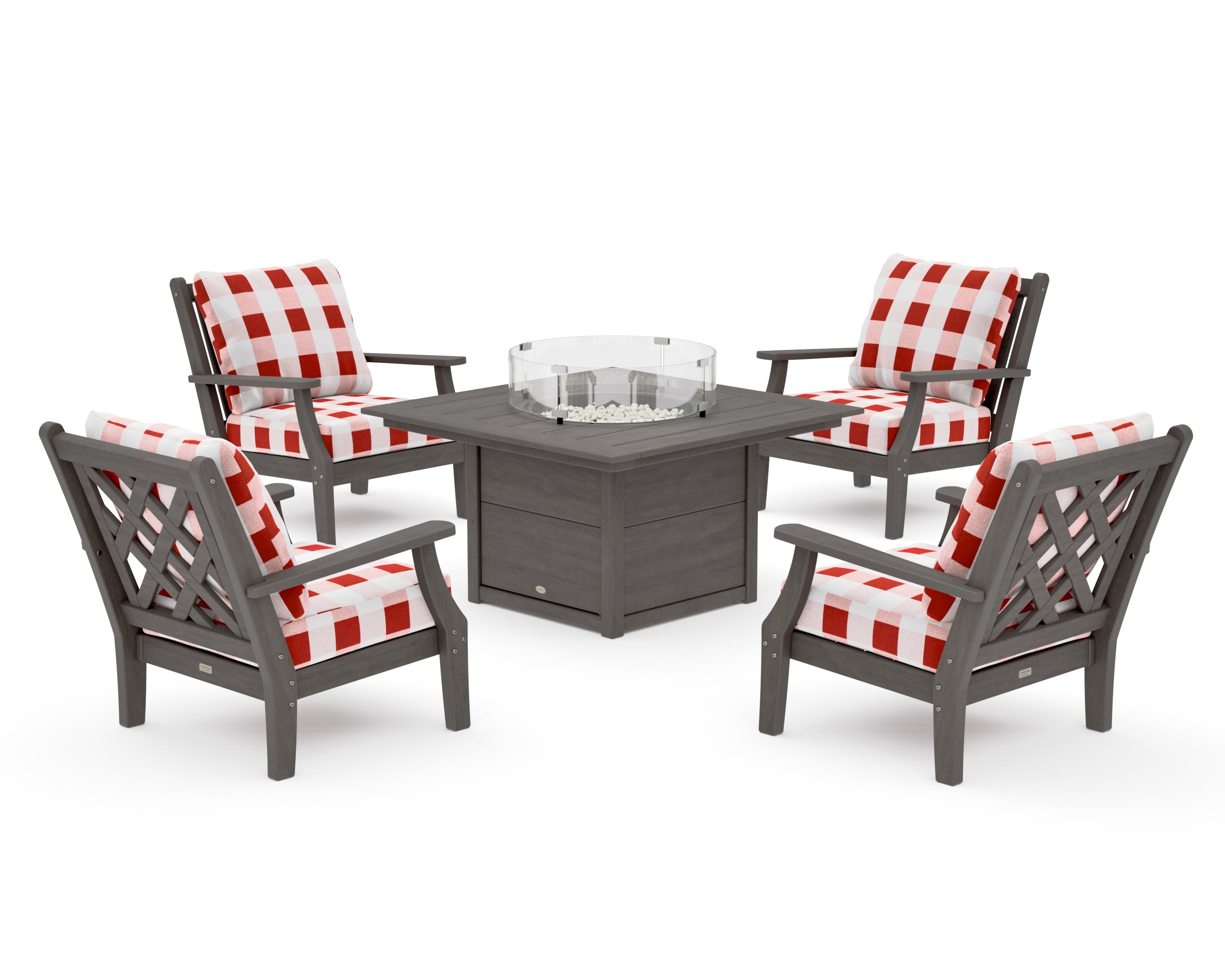Wovendale 5-Piece Deep Seating Set with Fire Pit Table in Driftwood / Buffalo Plaid Crimson