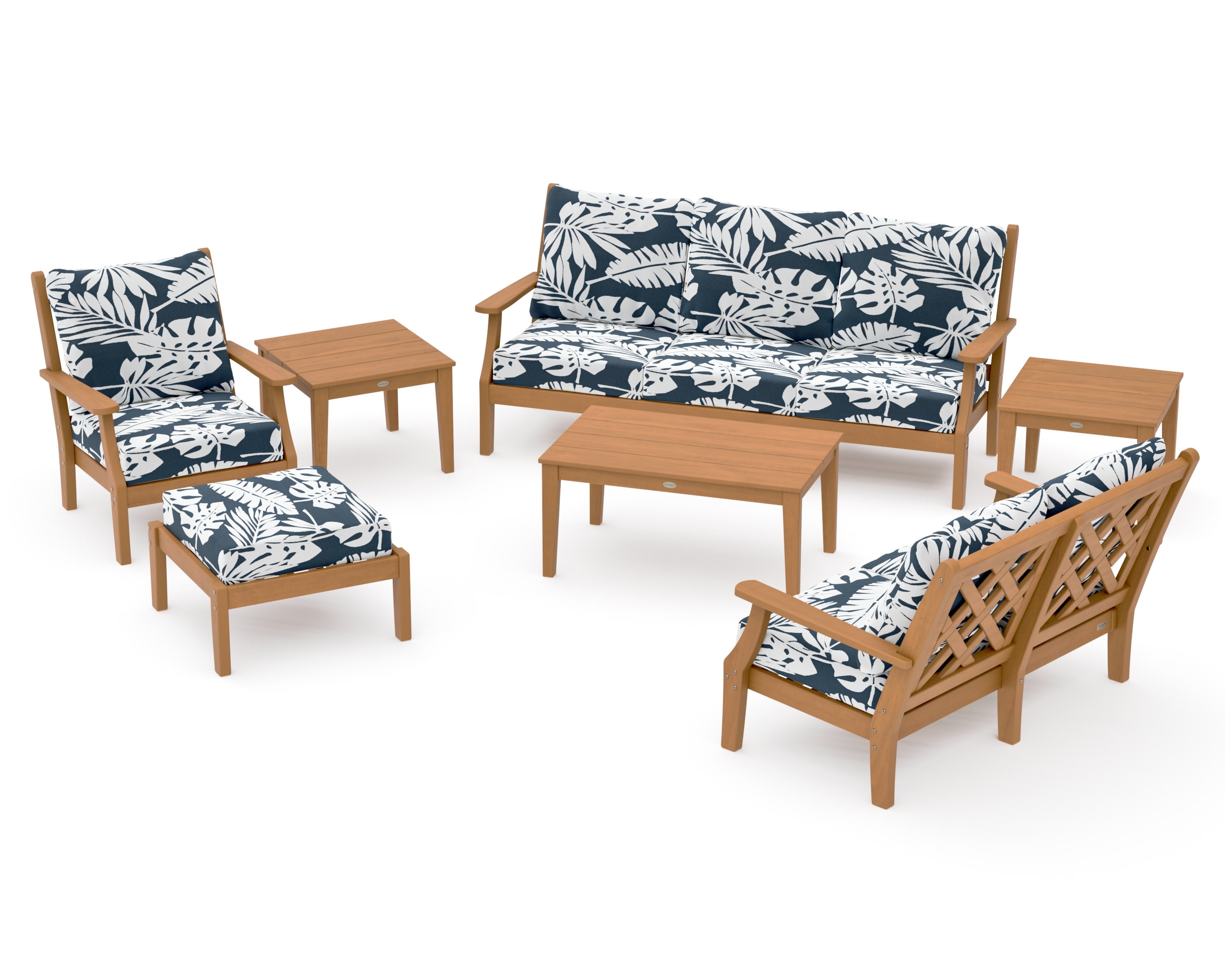 Wovendale 7-Piece Deep Seating Set in Natural / Leaf Marine Indigo
