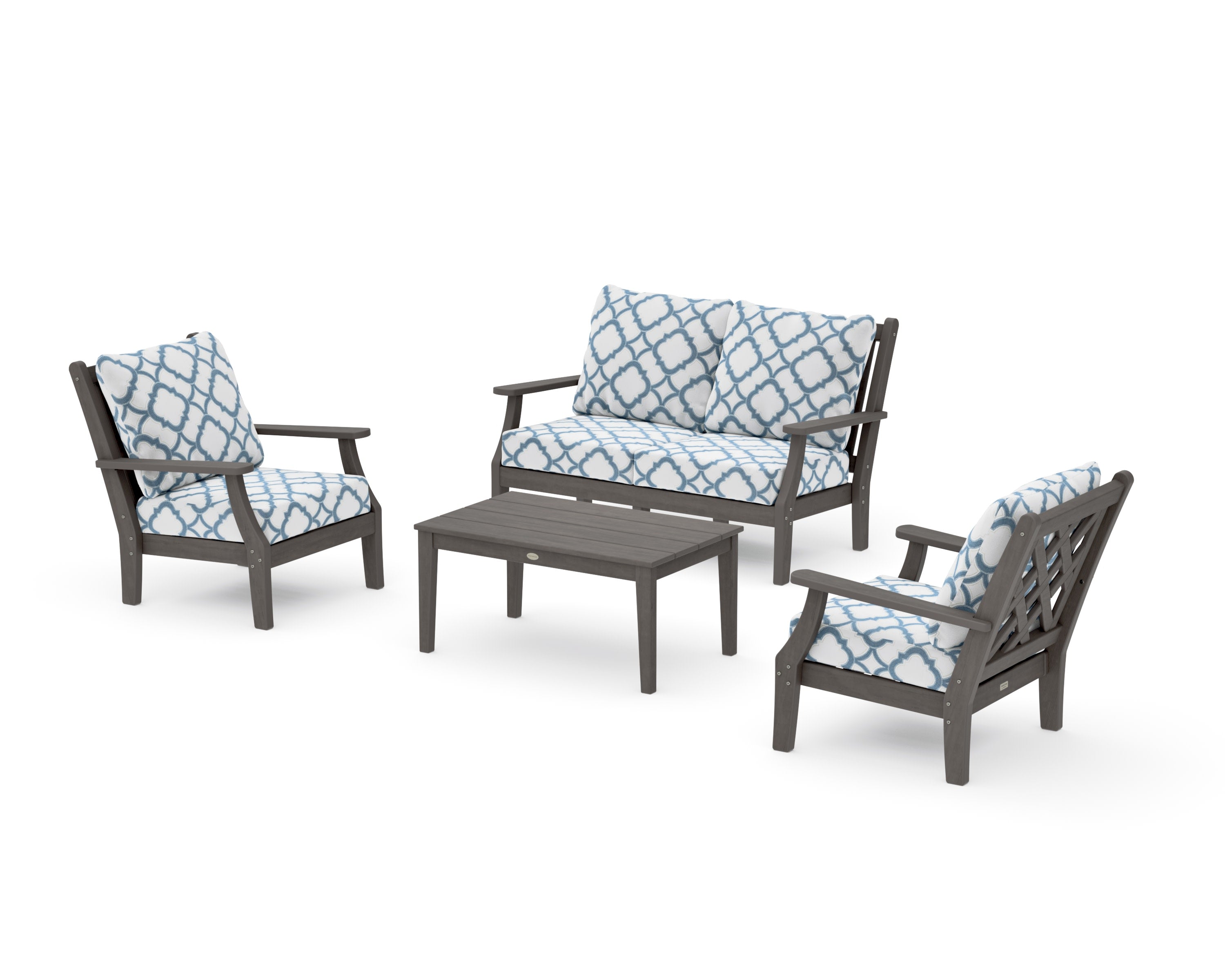 Wovendale 4-Piece Deep Seating Set with Loveseat in Driftwood / Trellis Sky Blue