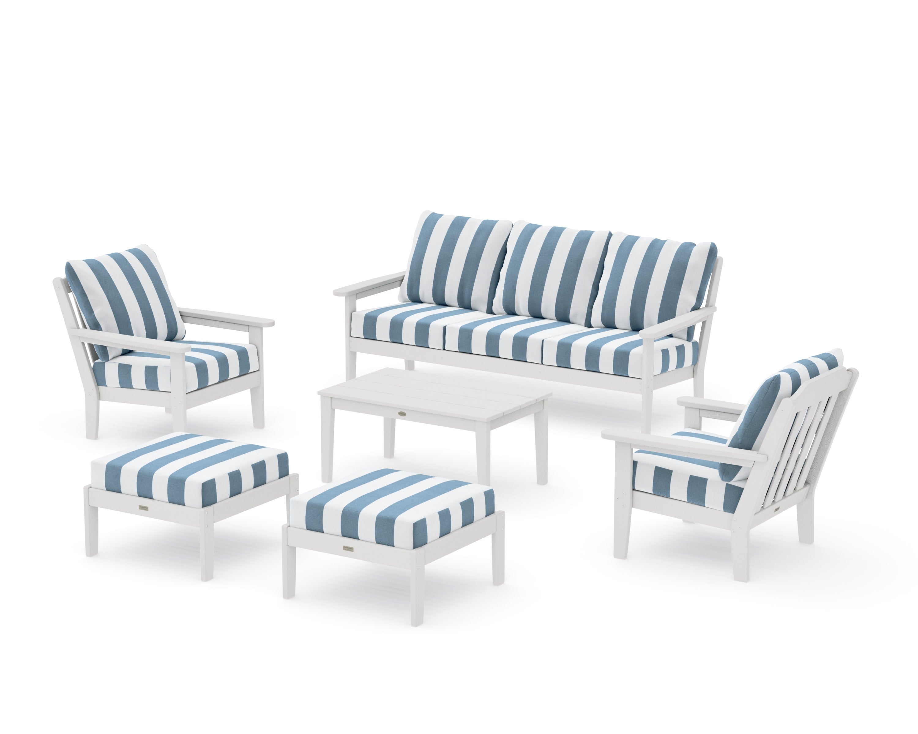 Cottage 6-Piece Lounge Sofa Set in Vintage White / Cabana Stripe Sky Blue
