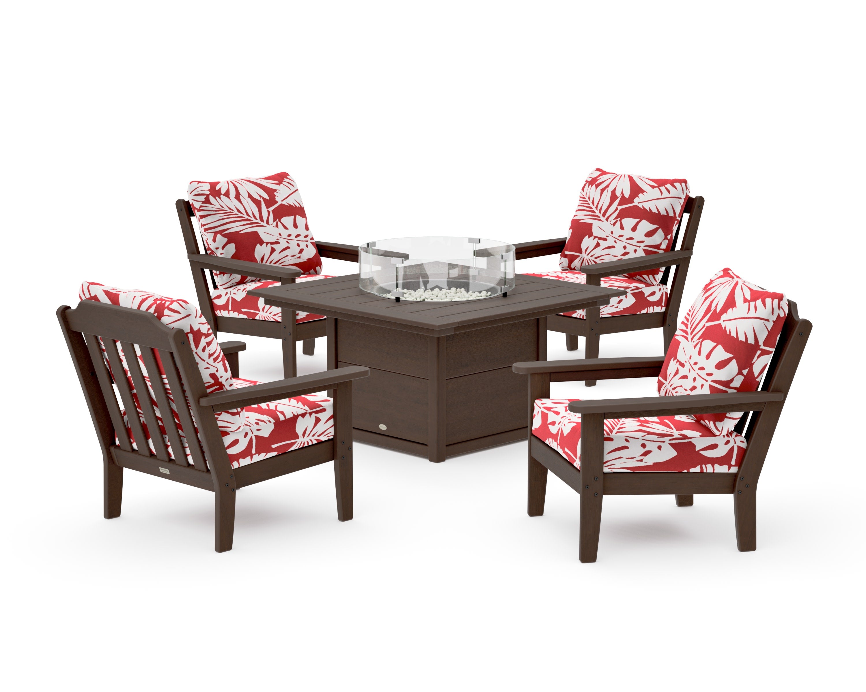 Cottage 5-Piece Deep Seating Set with Fire Pit Table in Kona / Leaf Crimson