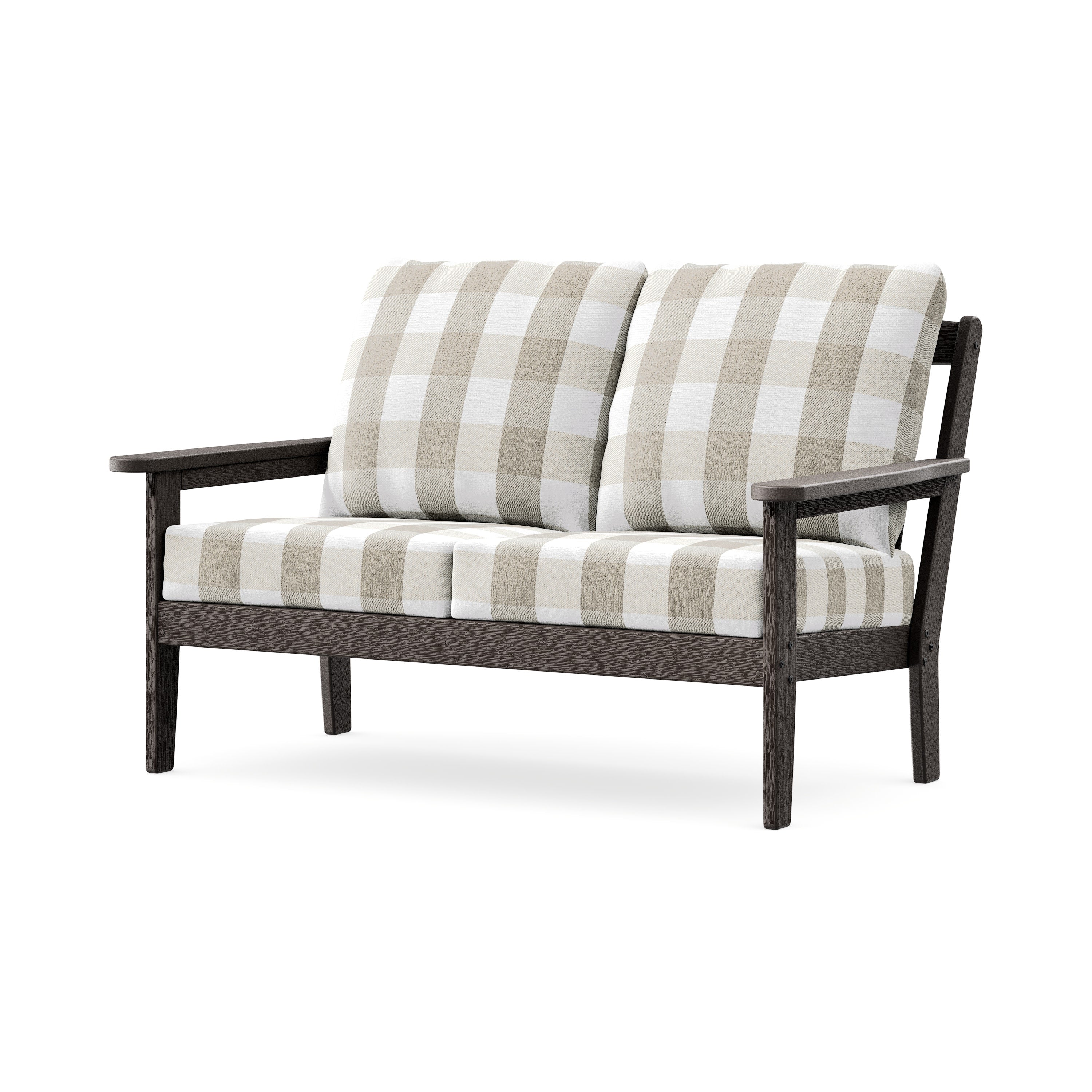 Cottage Deep Seating Loveseat in Vintage Coffee / Buffalo Plaid Dune Burlap