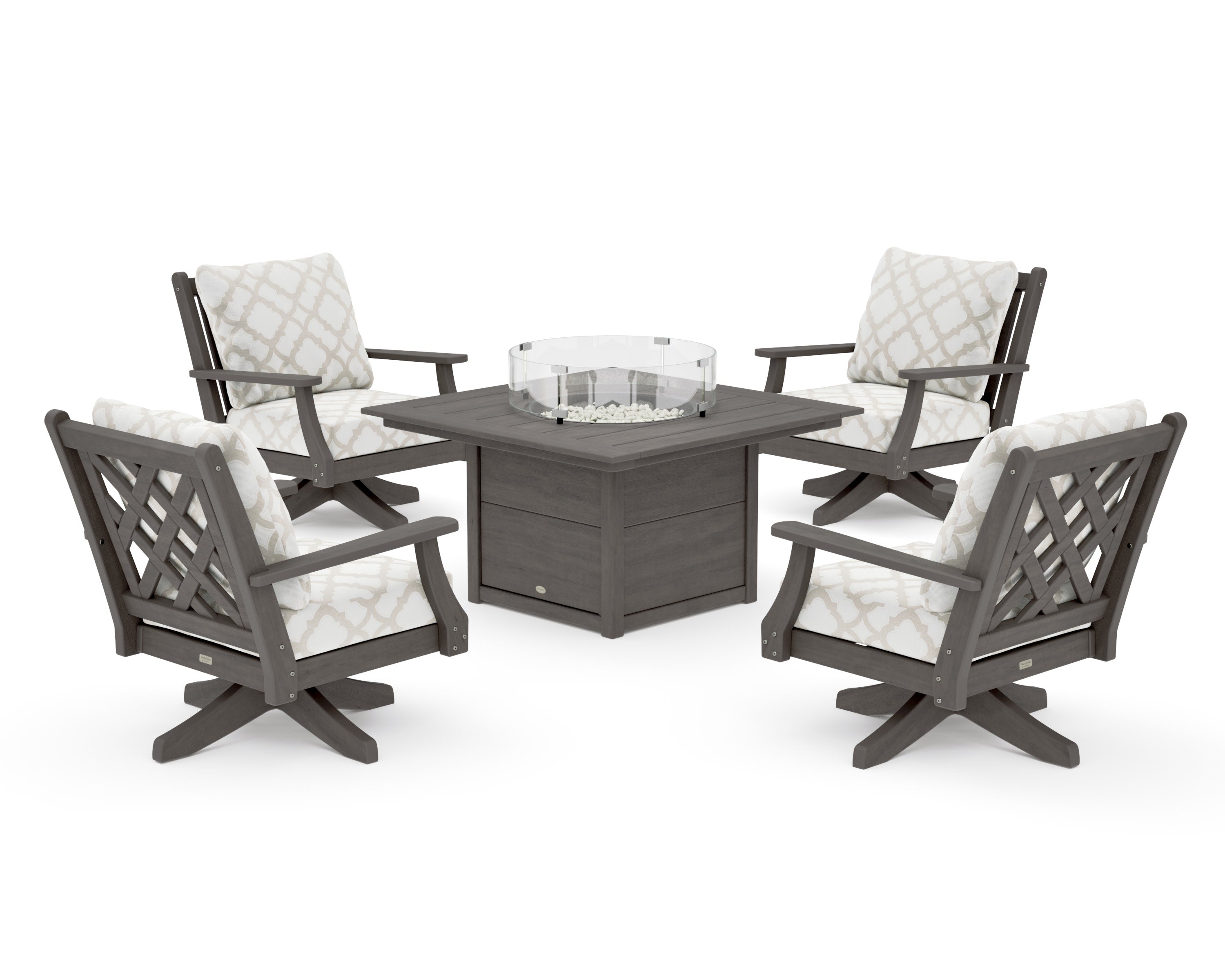 Wovendale 5-Piece Deep Seating Swivel Conversation Set with Fire Pit Table in Driftwood / Trellis Dune Burlap