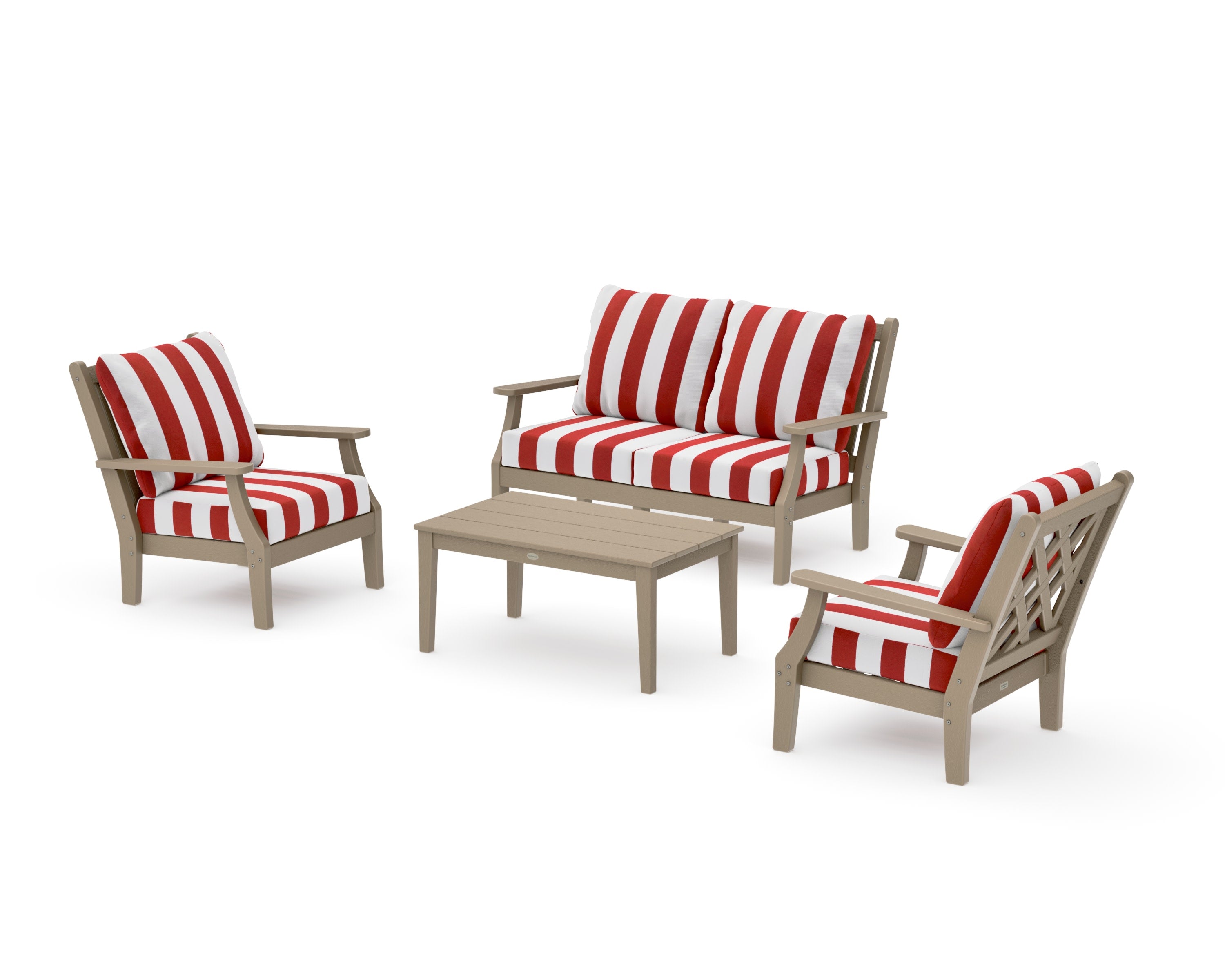 Wovendale 4-Piece Deep Seating Set with Loveseat in Vintage Sahara / Cabana Stripe Crimson
