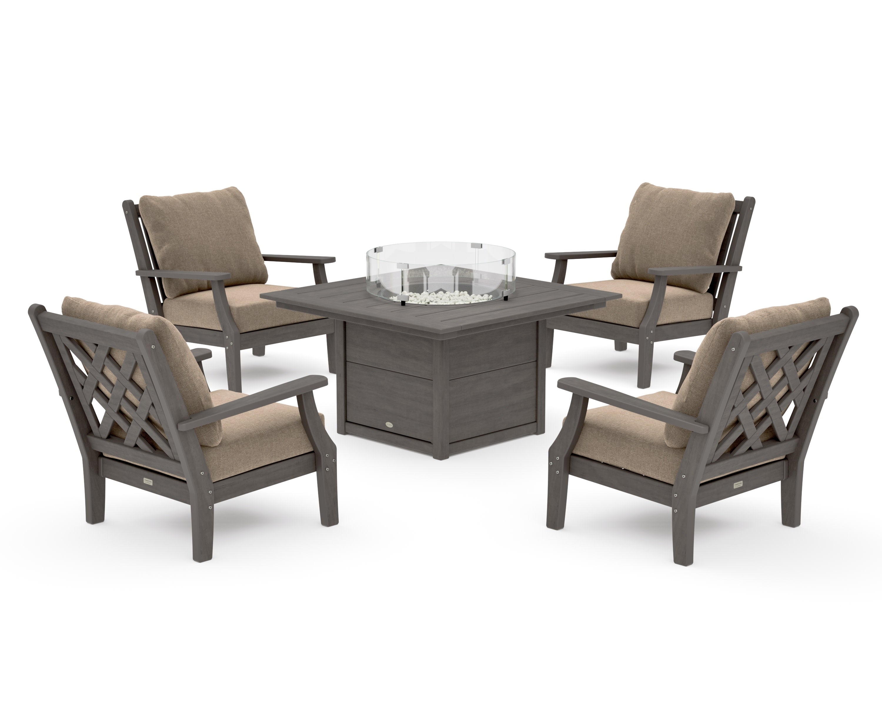 Wovendale 5-Piece Deep Seating Set with Fire Pit Table in Driftwood / Spiced Burlap