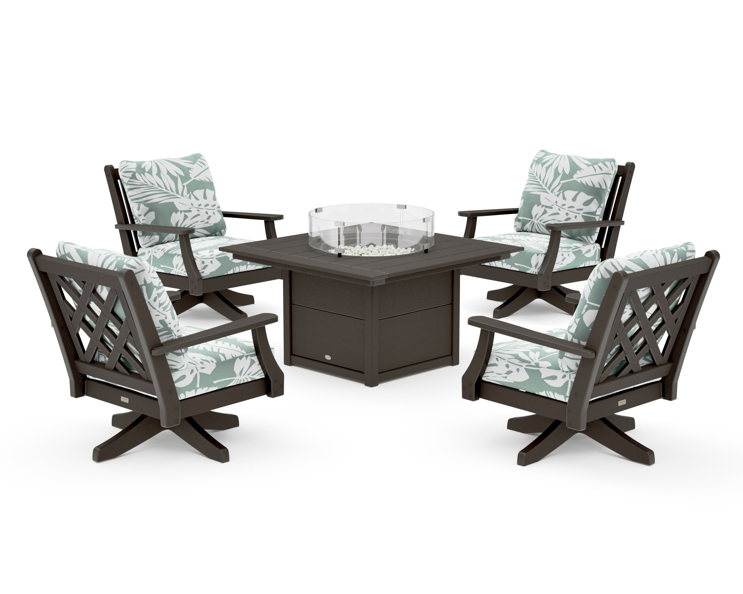 Wovendale 5-Piece Deep Seating Swivel Conversation Set with Fire Pit Table in Vintage Coffee / Leaf Glacier Spa