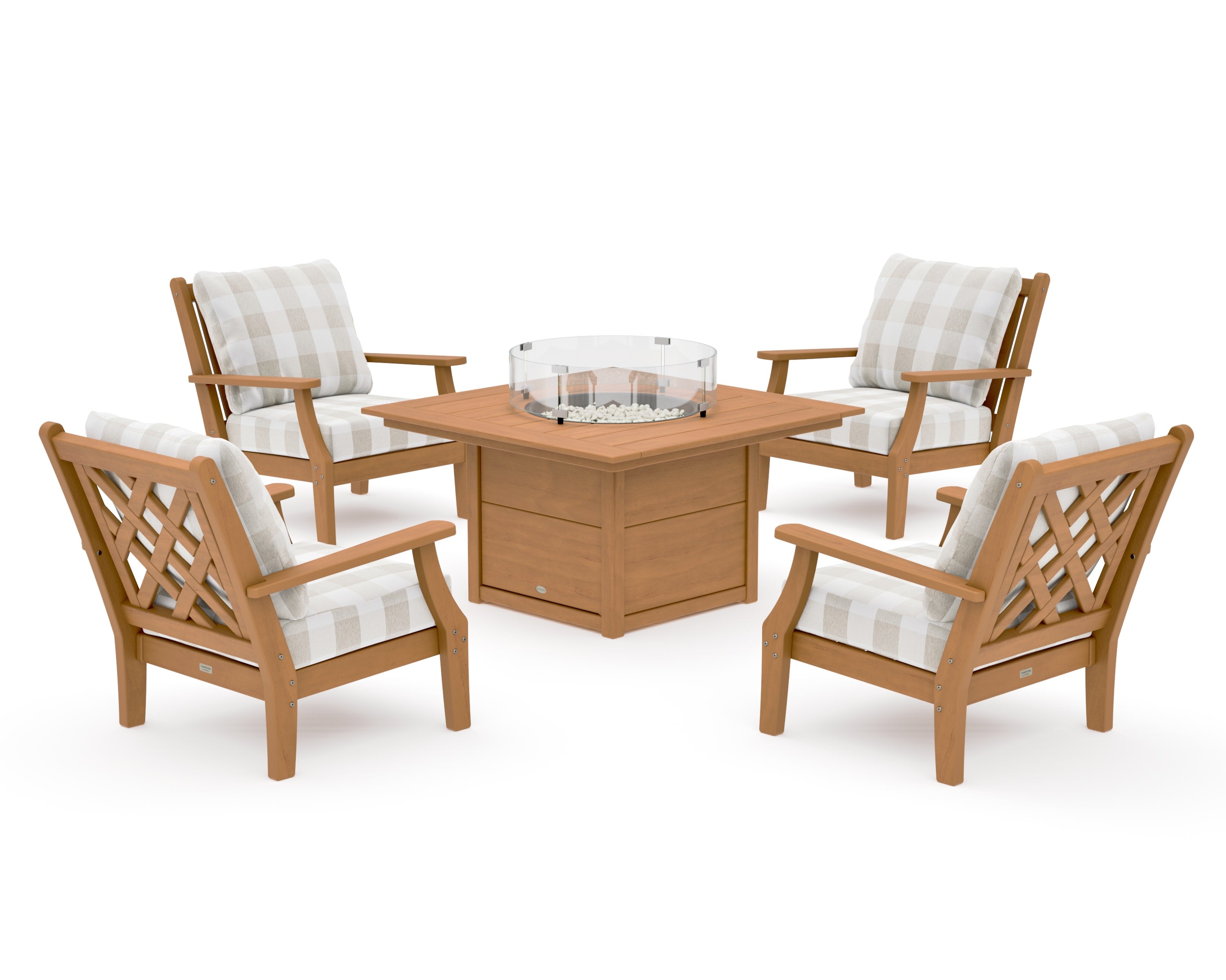 Wovendale 5-Piece Deep Seating Set with Fire Pit Table in Natural / Buffalo Plaid Dune Burlap