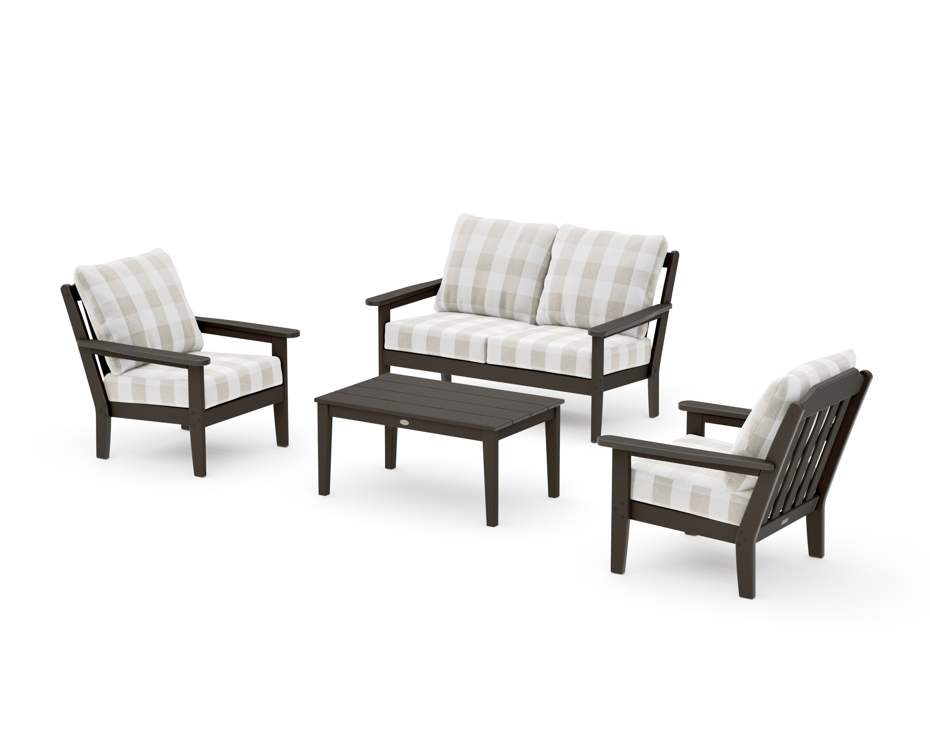 Cottage 4-Piece Deep Seating Set with Loveseat in Vintage Coffee / Buffalo Plaid Dune Burlap