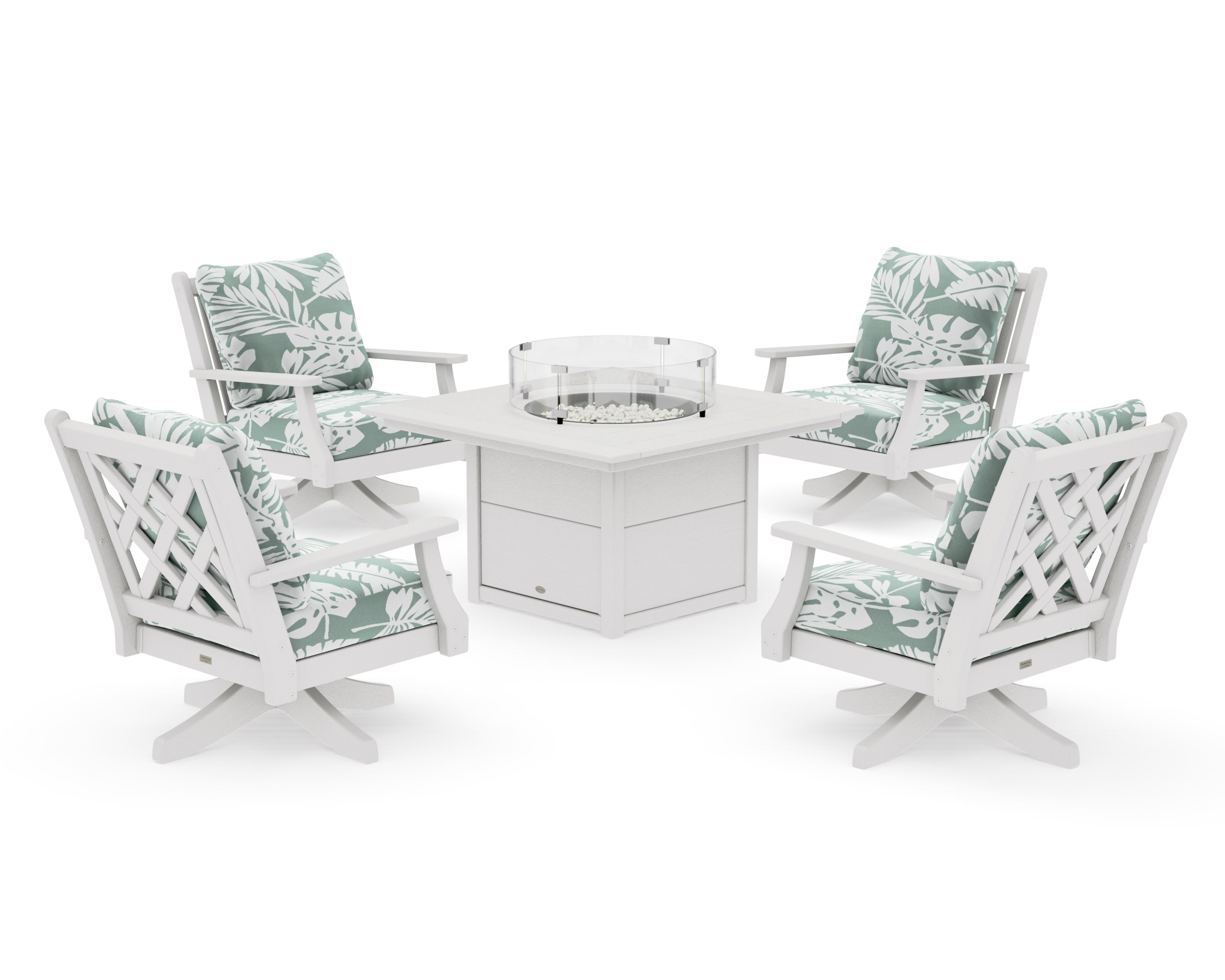 Wovendale 5-Piece Deep Seating Swivel Conversation Set with Fire Pit Table in Vintage White / Leaf Glacier Spa