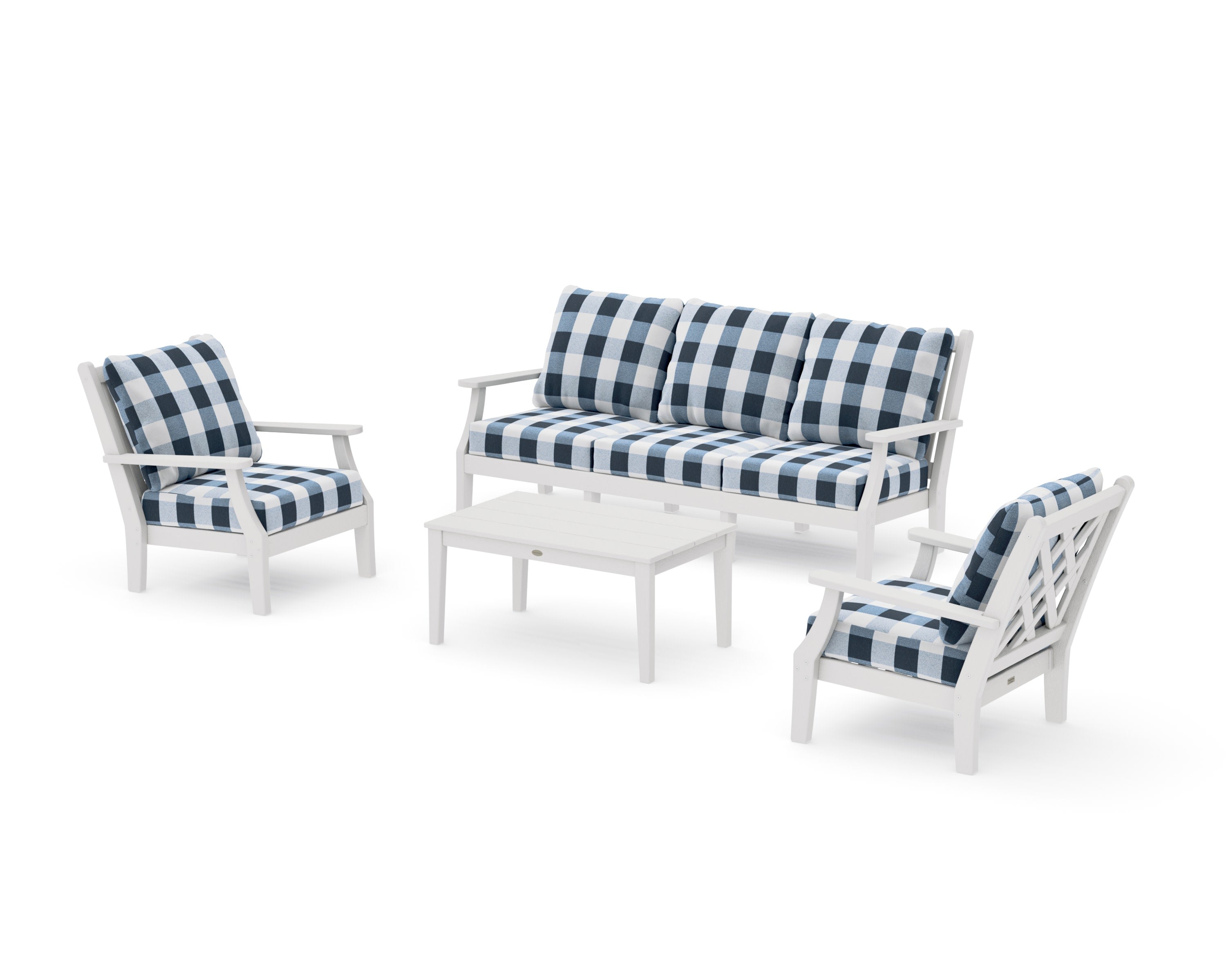 Wovendale 4-Piece Deep Seating Set with Sofa in Vintage White / Buffalo Plaid Marine Indigo