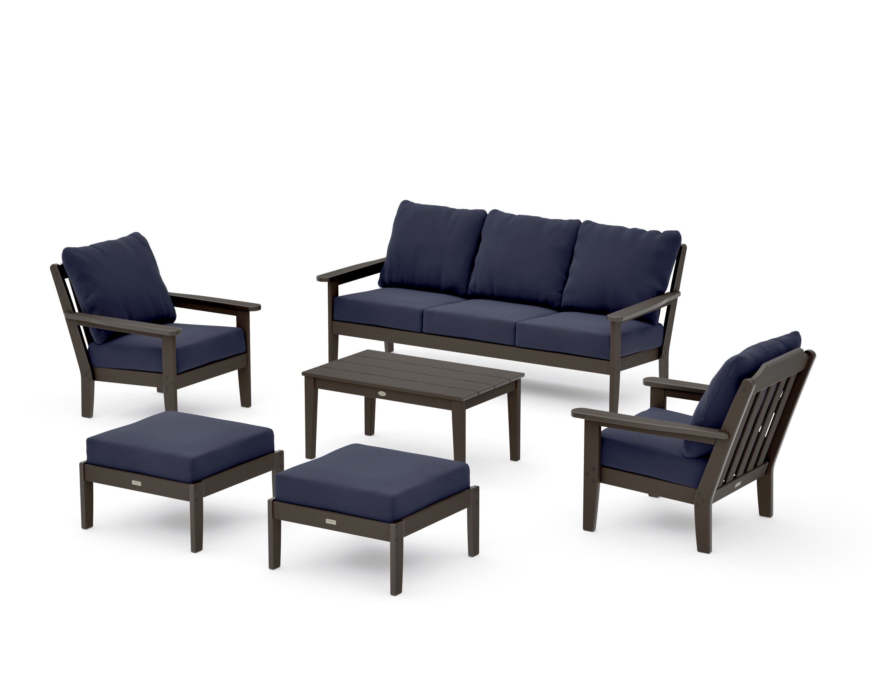Cottage 6-Piece Lounge Sofa Set in Vintage Coffee / Navy Linen