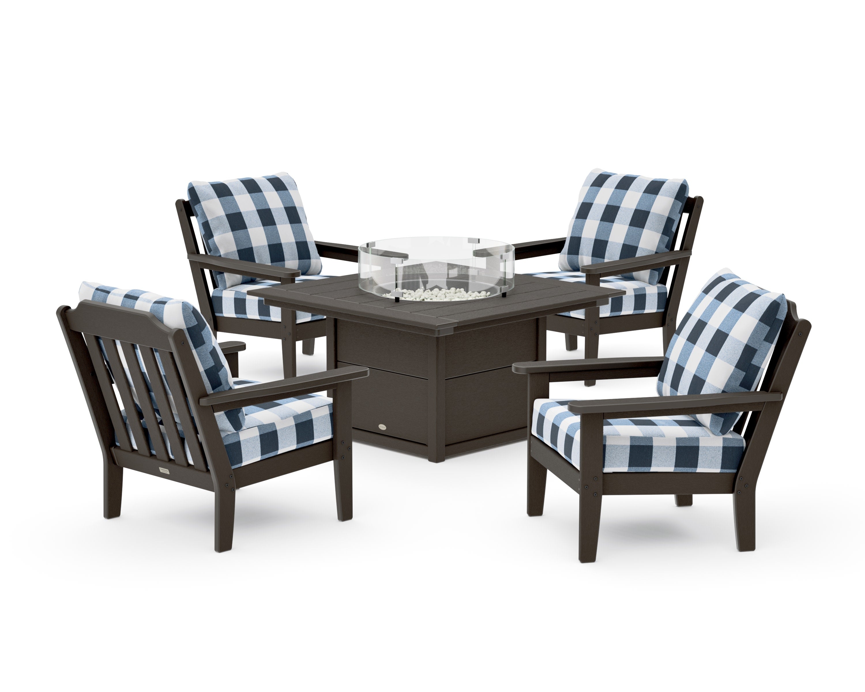 Cottage 5-Piece Deep Seating Set with Fire Pit Table in Vintage Coffee / Buffalo Plaid Marine Indigo