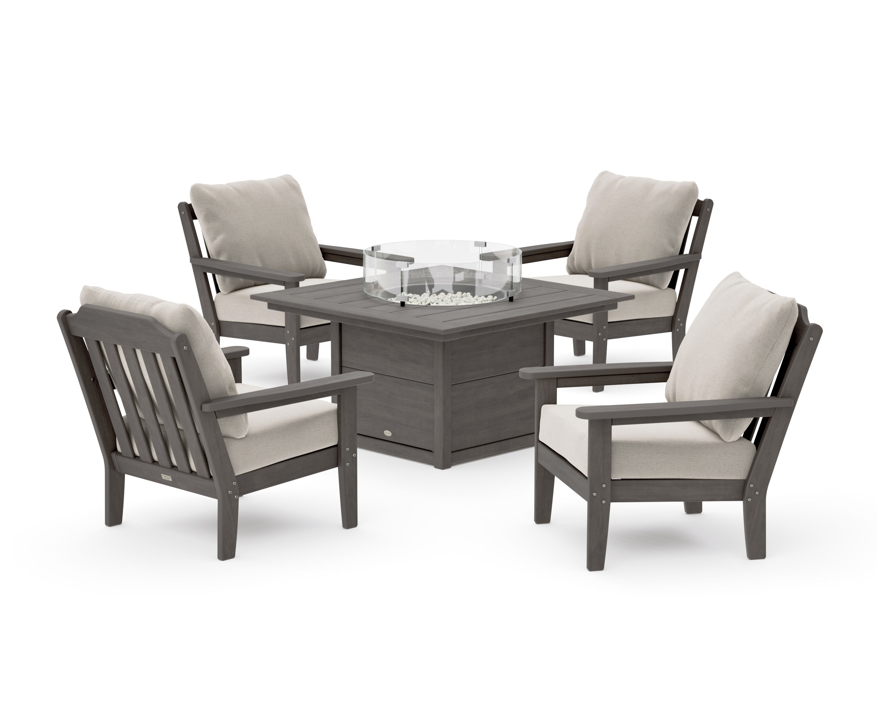 Cottage 5-Piece Deep Seating Set with Fire Pit Table in Driftwood / Dune Burlap