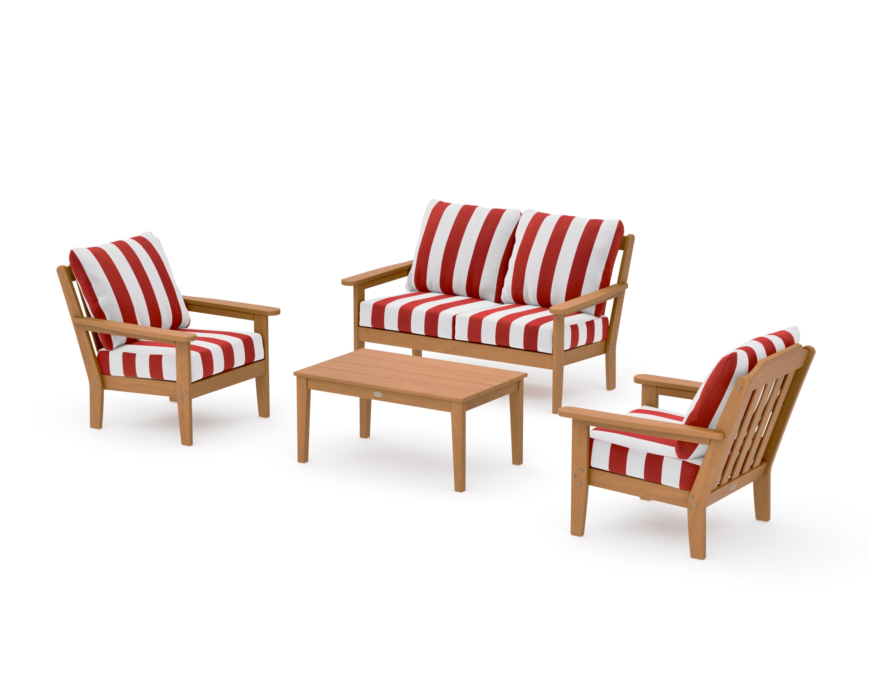 Cottage 4-Piece Deep Seating Set with Loveseat in Natural / Cabana Stripe Crimson