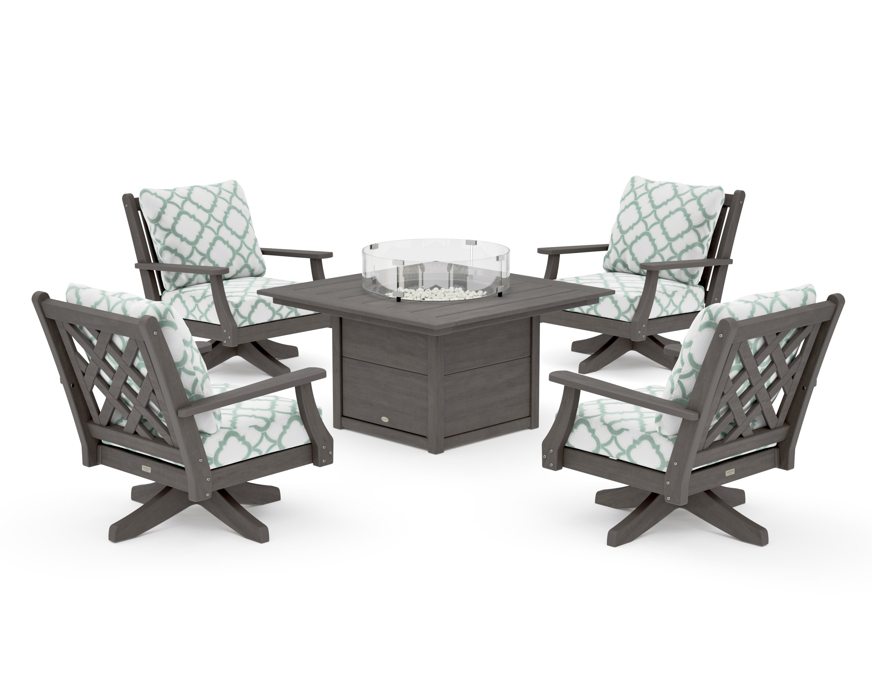 Wovendale 5-Piece Deep Seating Swivel Conversation Set with Fire Pit Table in Driftwood / Trellis Glacier Spa
