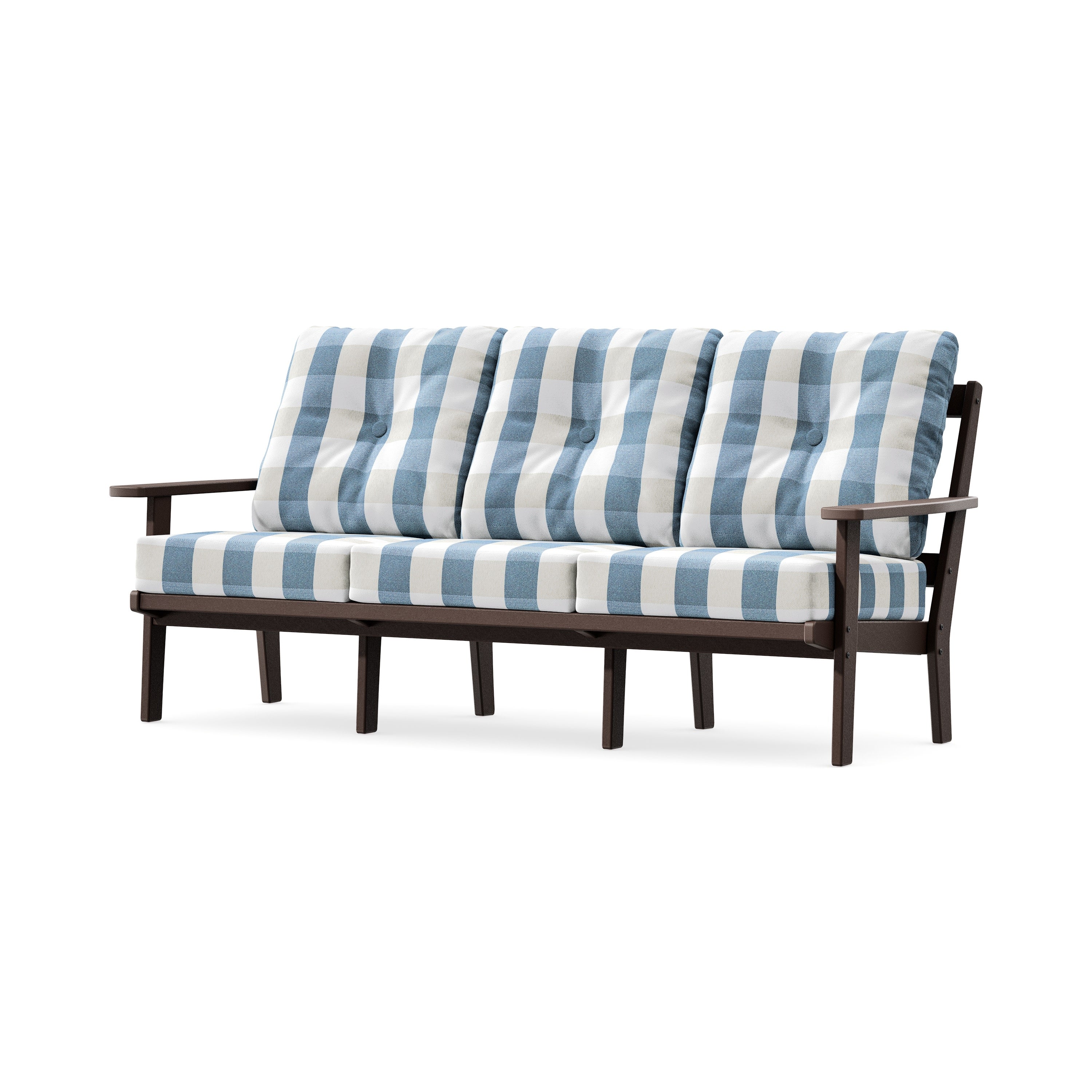 PrairieDeep Seating Sofa in Mahogany / Buffalo Plaid Sky Blue