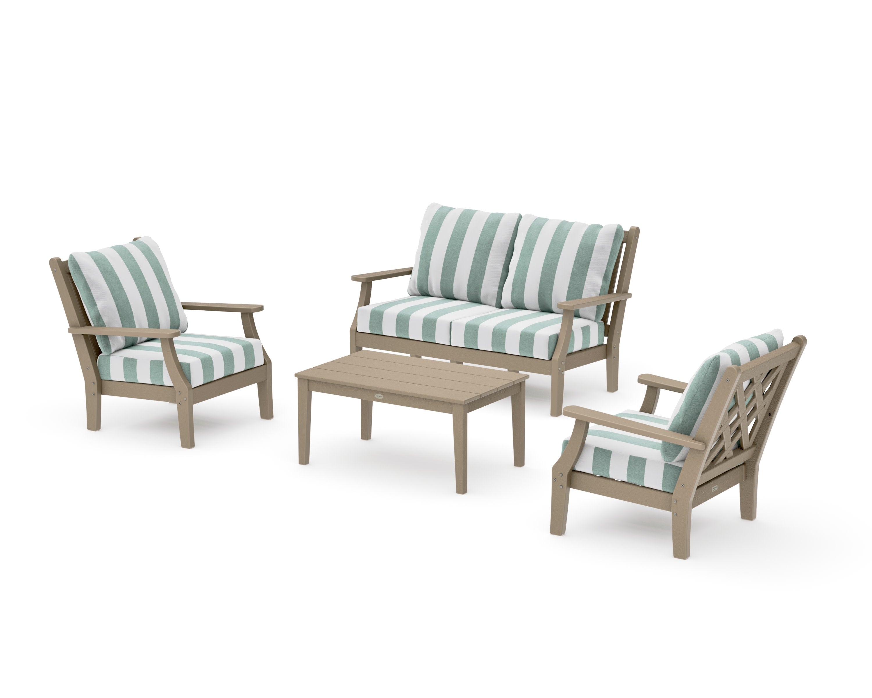 Wovendale 4-Piece Deep Seating Set with Loveseat in Vintage Sahara / Cabana Stripe Glacier Spa