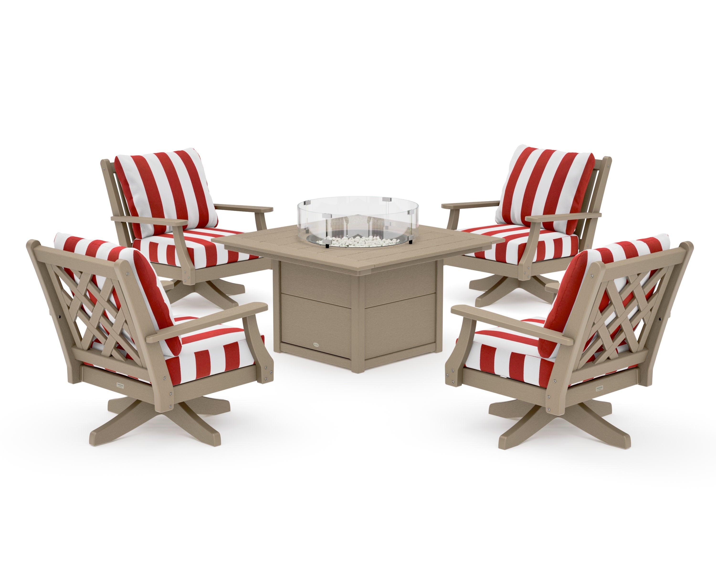 Wovendale 5-Piece Deep Seating Swivel Conversation Set with Fire Pit Table in Vintage Sahara / Cabana Stripe Crimson