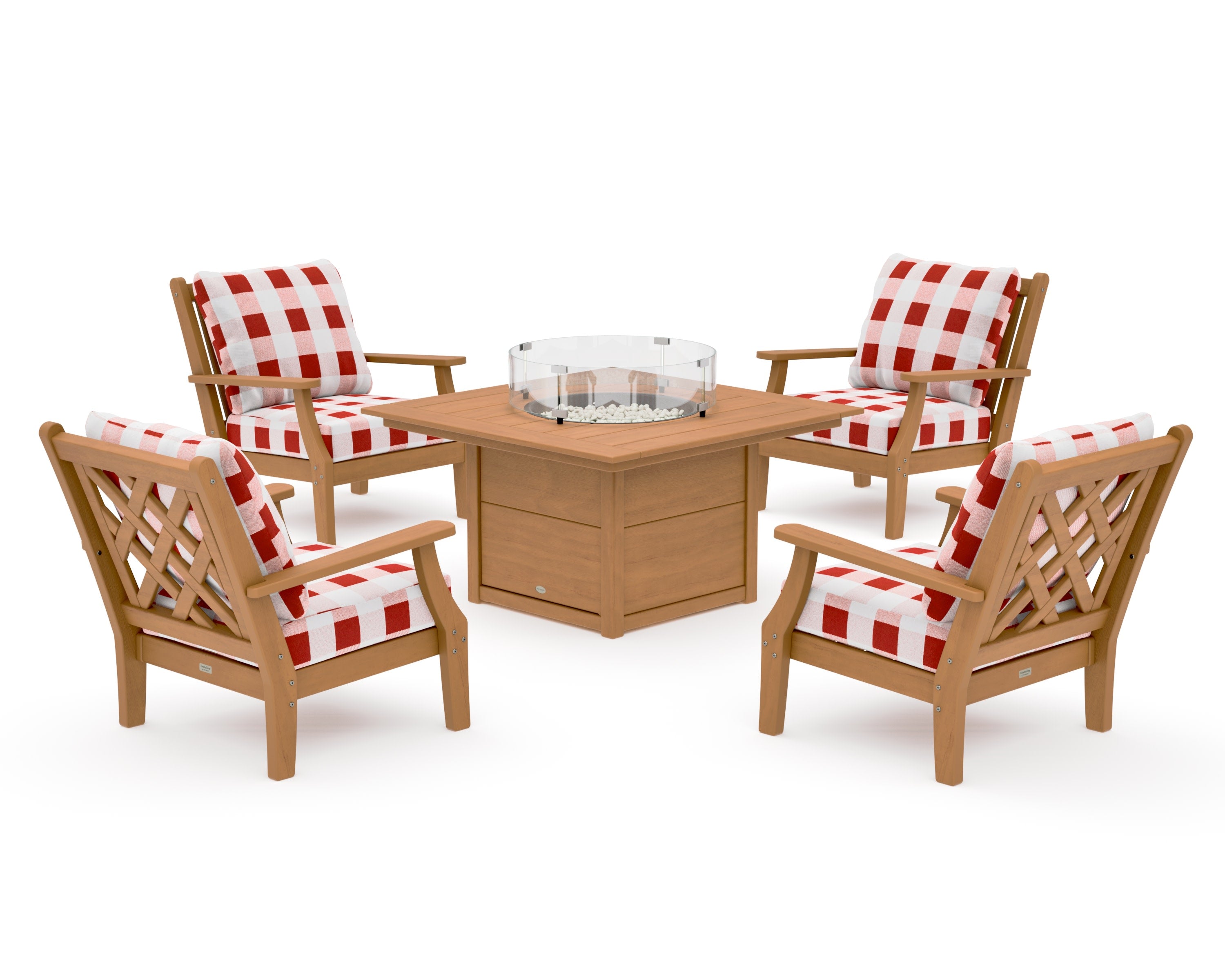 Wovendale 5-Piece Deep Seating Set with Fire Pit Table in Natural / Buffalo Plaid Crimson