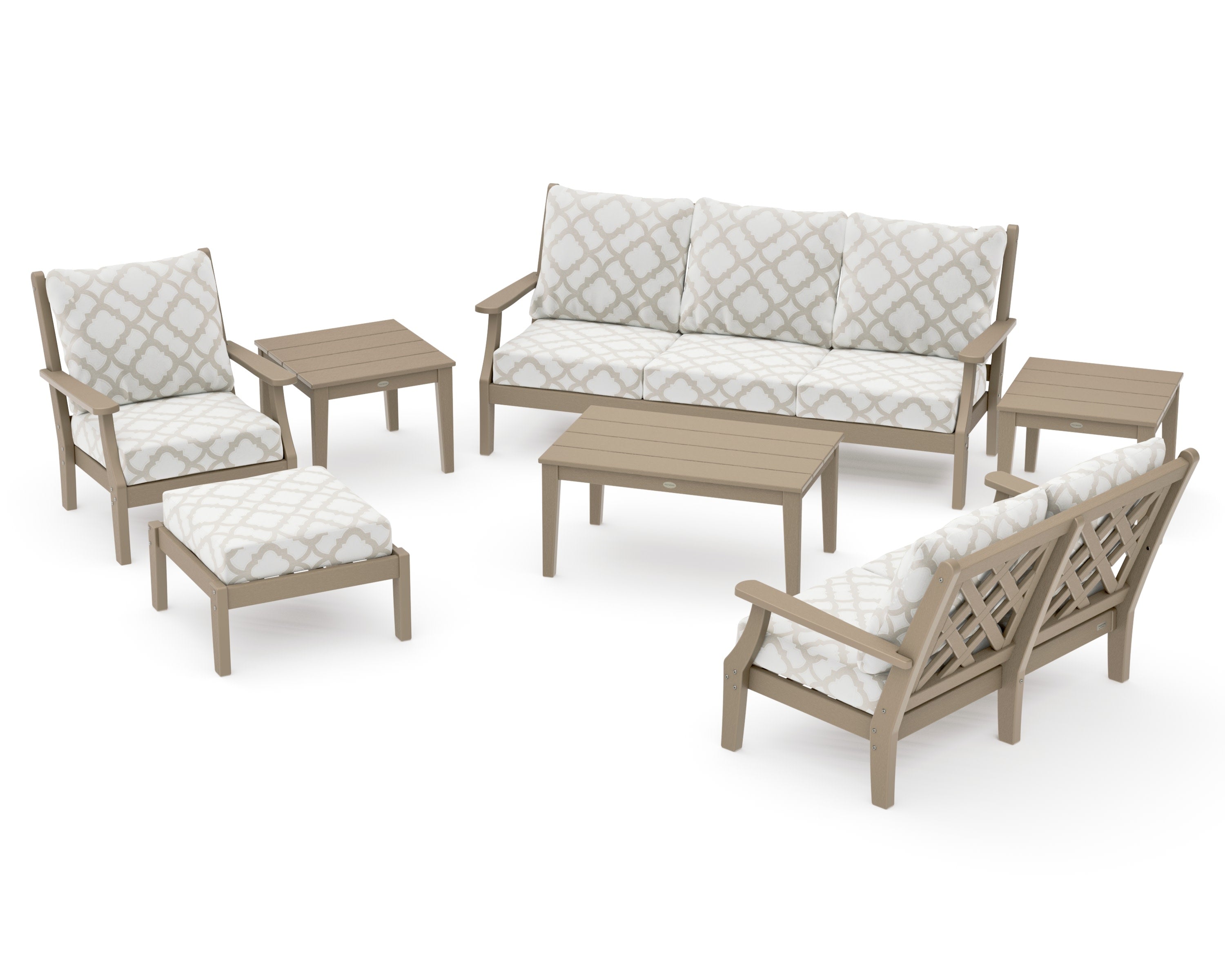 Wovendale 7-Piece Deep Seating Set in Vintage Sahara / Trellis Dune Burlap