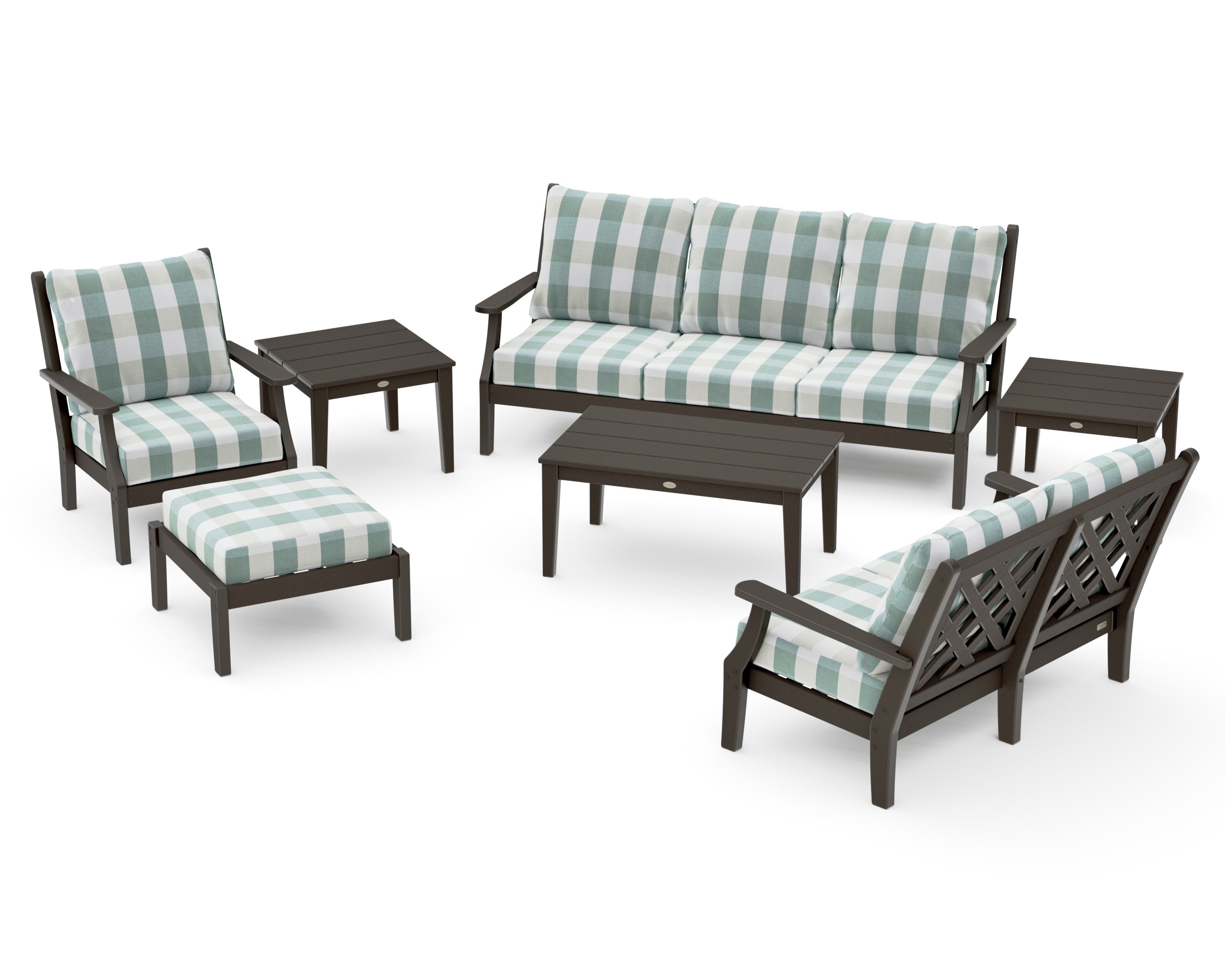 Wovendale 7-Piece Deep Seating Set in Vintage Coffee / Buffalo Plaid Glacier Spa